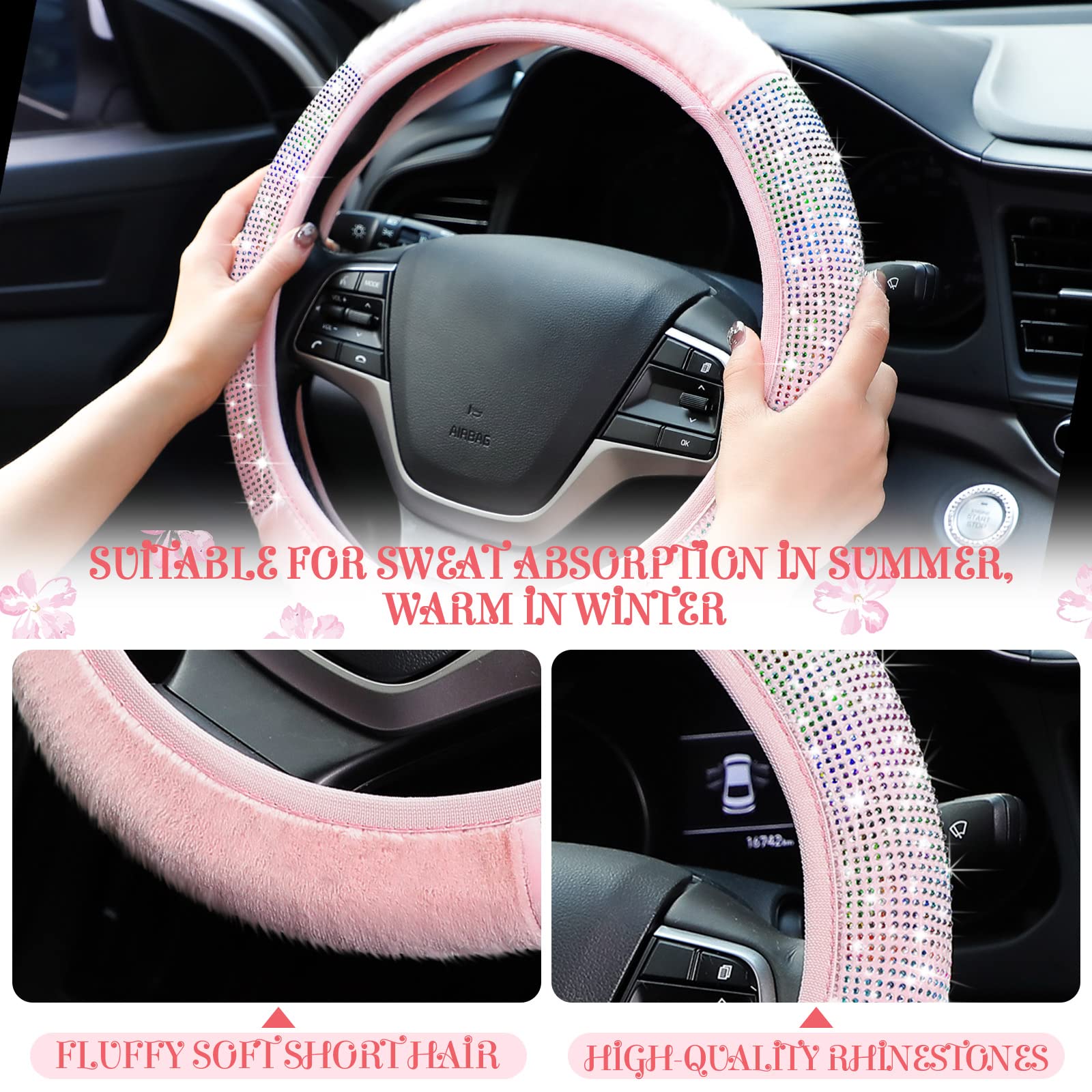 7 Pcs Pink Bling Pink Steering Wheel Cover Set Fluffy Car Accessories For Women Includes Rhinestone Seat Belt Covers And 2.75 Inch Bling Car Cup Holders Fuzz Gear Shift Cover Crystal Push Start Button