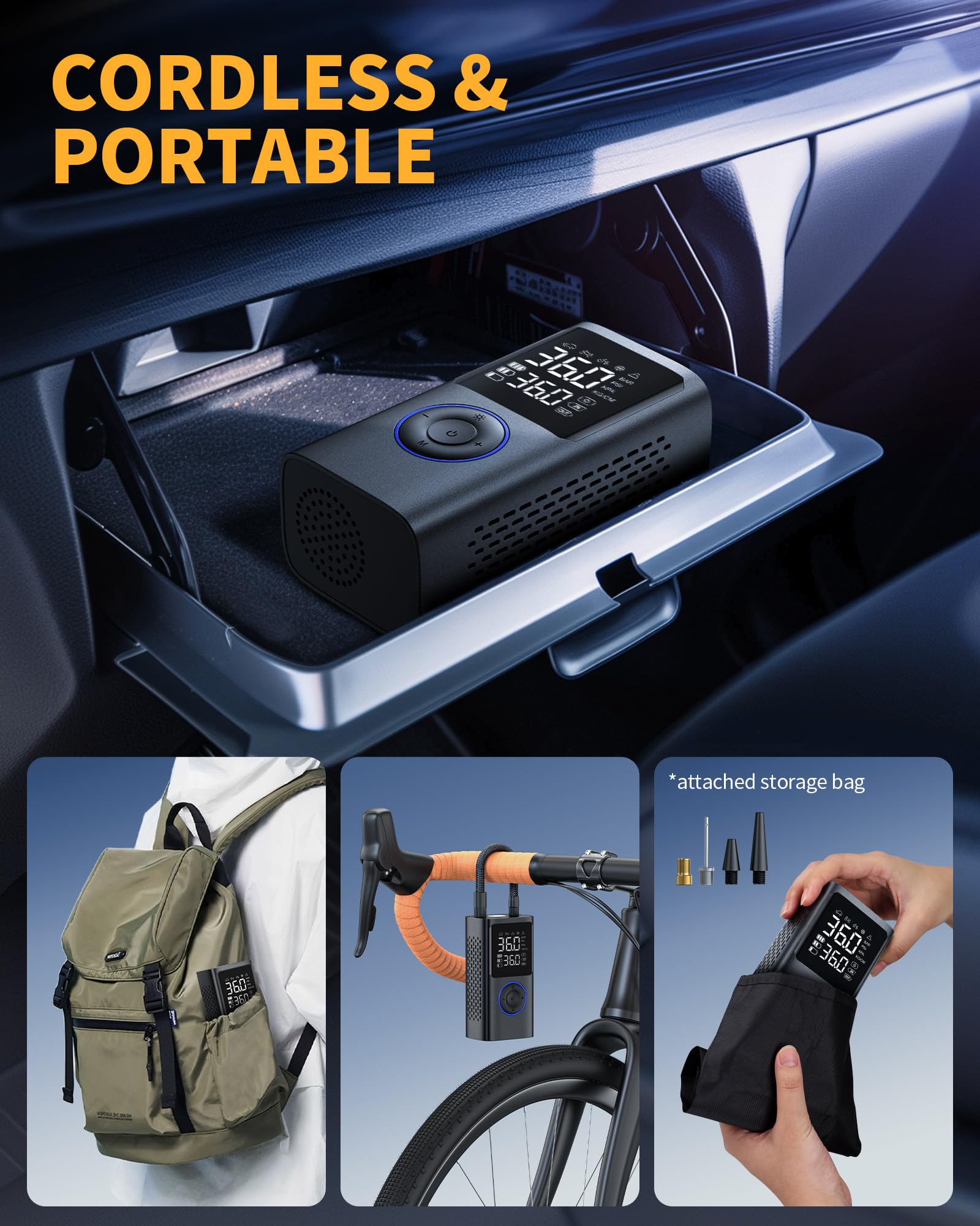 Powools Tire Inflator Portable Air Compressor, 150 PSI Cordless Bike Pump, Standard Capacity, Blue, Model ATJ-006