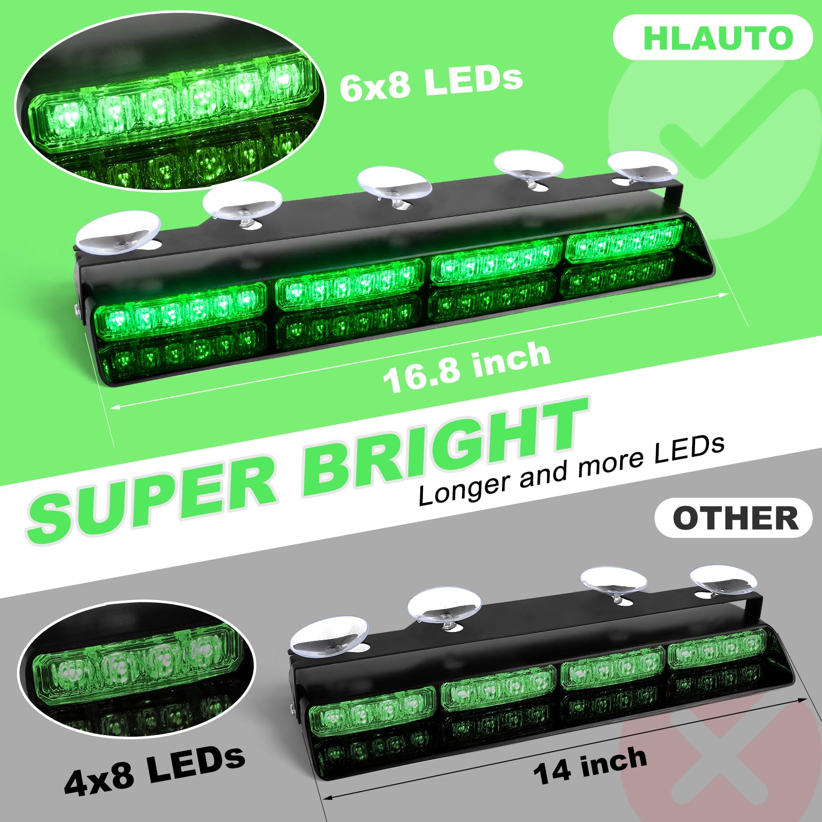 Hlauto 6Z4J Emergency Dash Strobe Lights: 2X16.8 Inch Green Safety Lights, 48 Led Flashing Warning Hazard Interior Windshield Vi