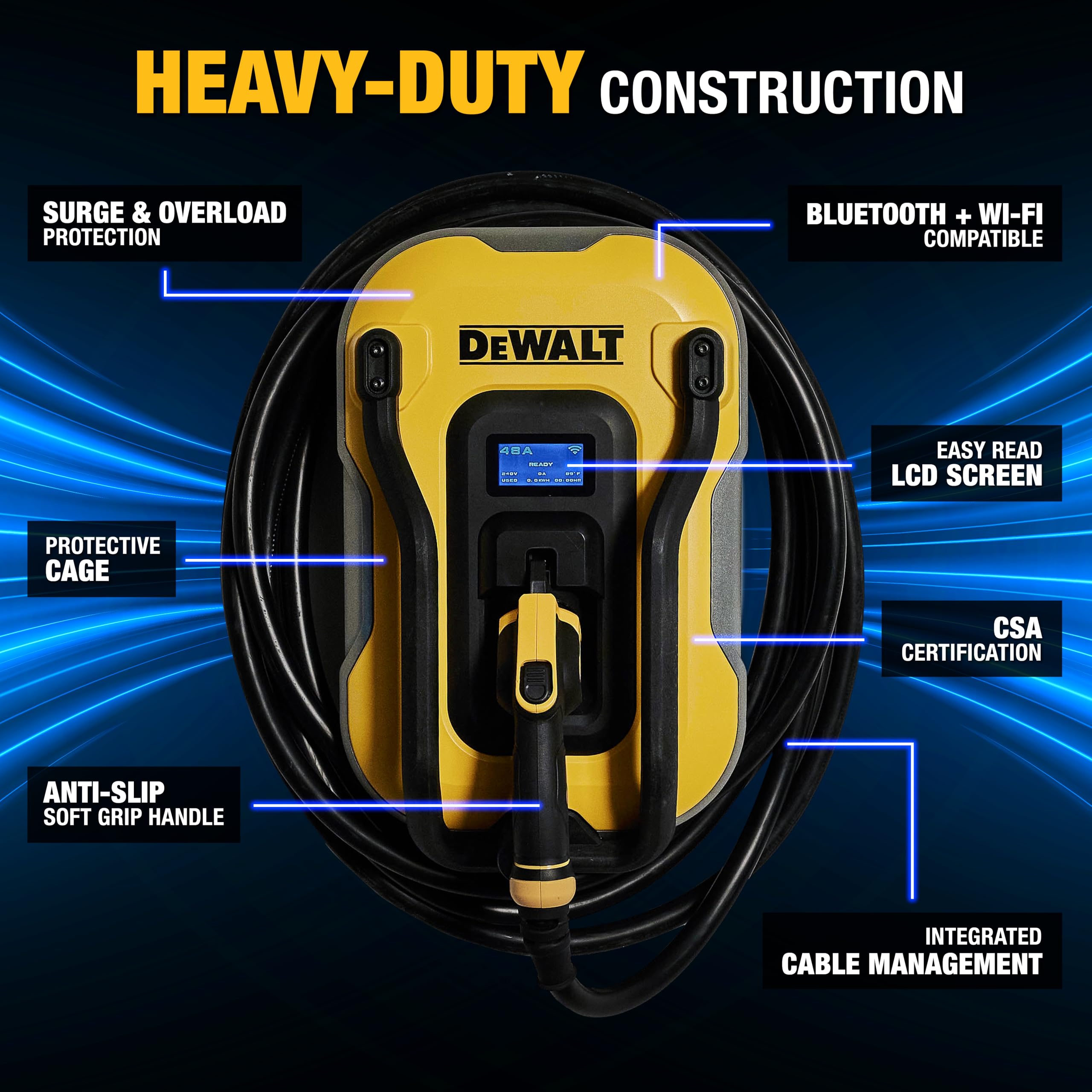 DEWALT Electric Vehicle Level 2 EV Charger up to 40 Amps 240V, App Control Bluetooth & Wi-Fi, CSA Certified Indoor/Outdoor NEMA