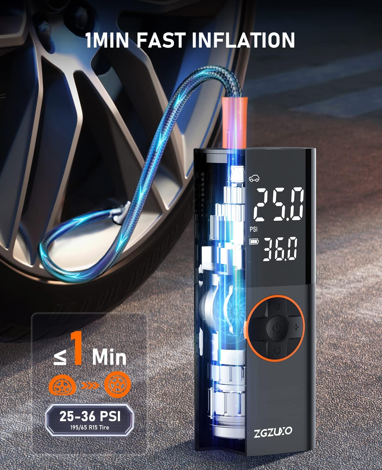 Zgzuxo Tire Inflator Portable Air Compressor For Car, 2X Fast Cordless Bike Tire Pump Battery & 12V Dc Dual Power Motorcycle Air