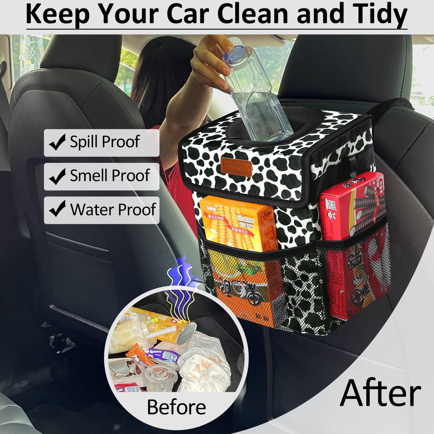 Elongriver Car Trash Can Bin For Car Back Seat Leak Proof, Cute Car Trash Bag Hanging, Vehicle Trash Can For Suv Truck Van, Automotive Car Garbage Cans Front Seat Cow Print