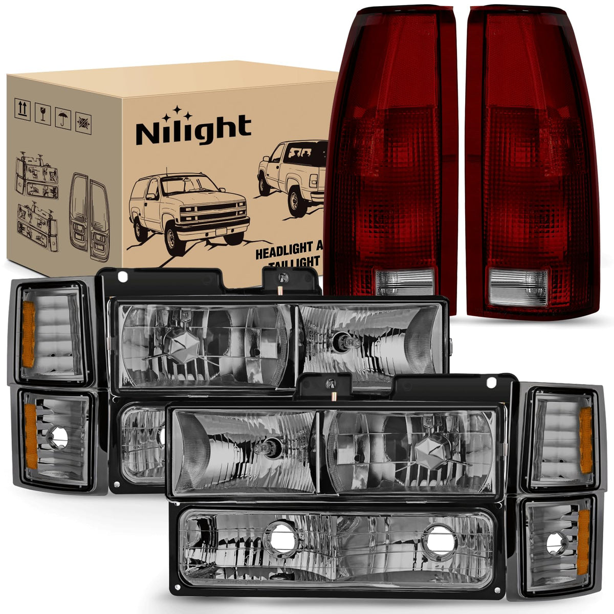 Nilight Headlight And Taillight Assembly Combo Compatible With 1994 1995 1996 1997 1998 Chevy Silverado Tahoe Suburban C10 C/K 1