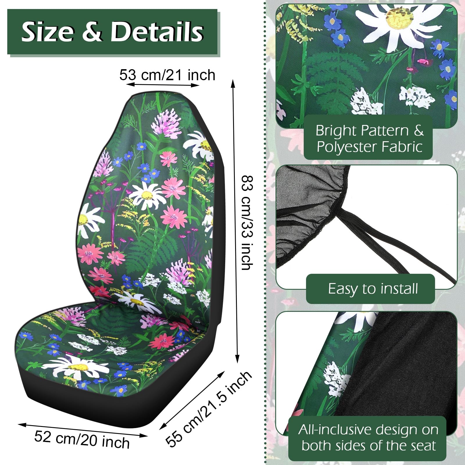 Frienda 13 Pcs Floral Print Car Seat Cover Full Set for Women Men Print Car Accessories Rubber Steering Wheel Armrest Pad Cover