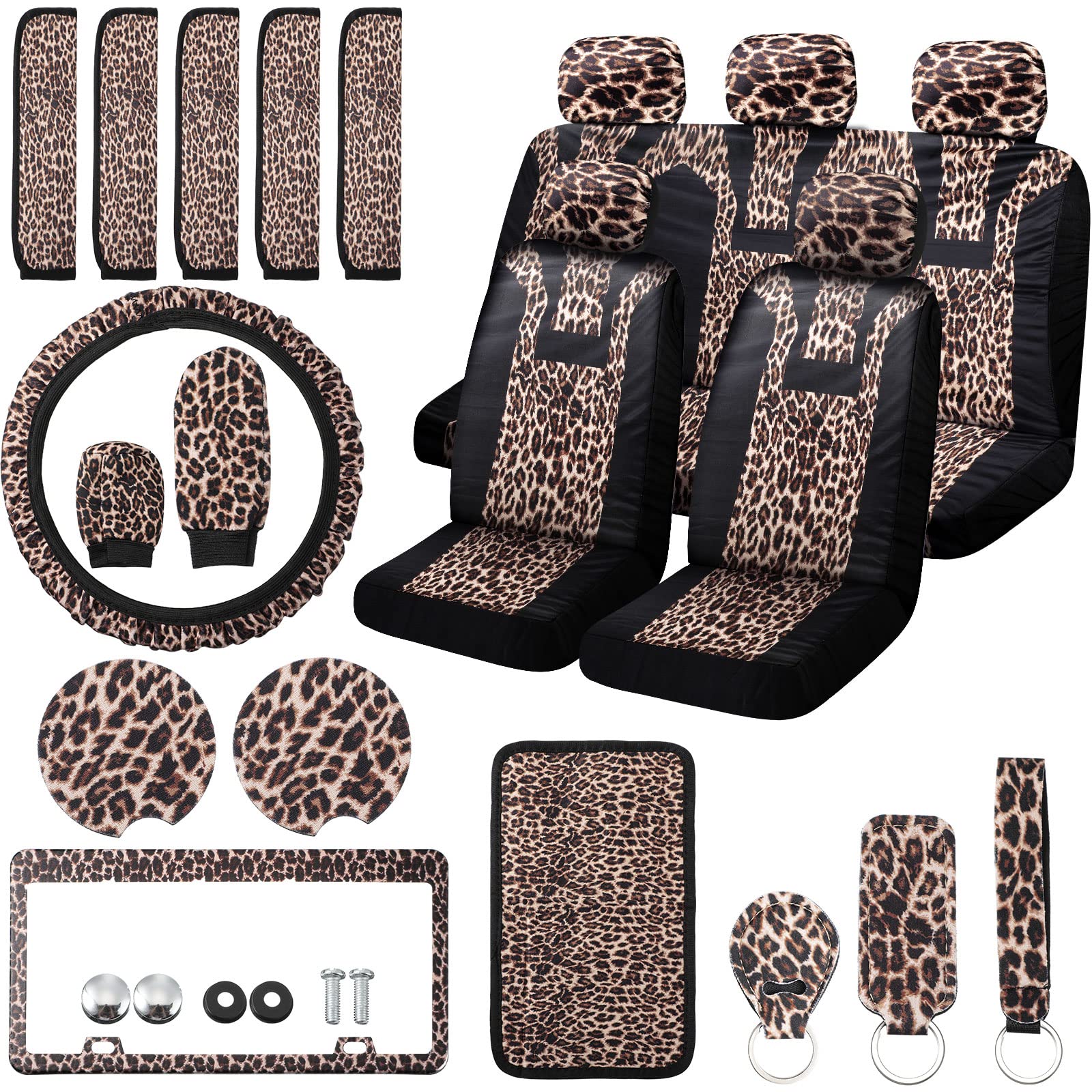 Frienda 24 Pcs Leopard Car Accessories Leopard Car Seat Cover Full Set Cheetah Steering Wheel Metal License Plate Headrest Seat 
