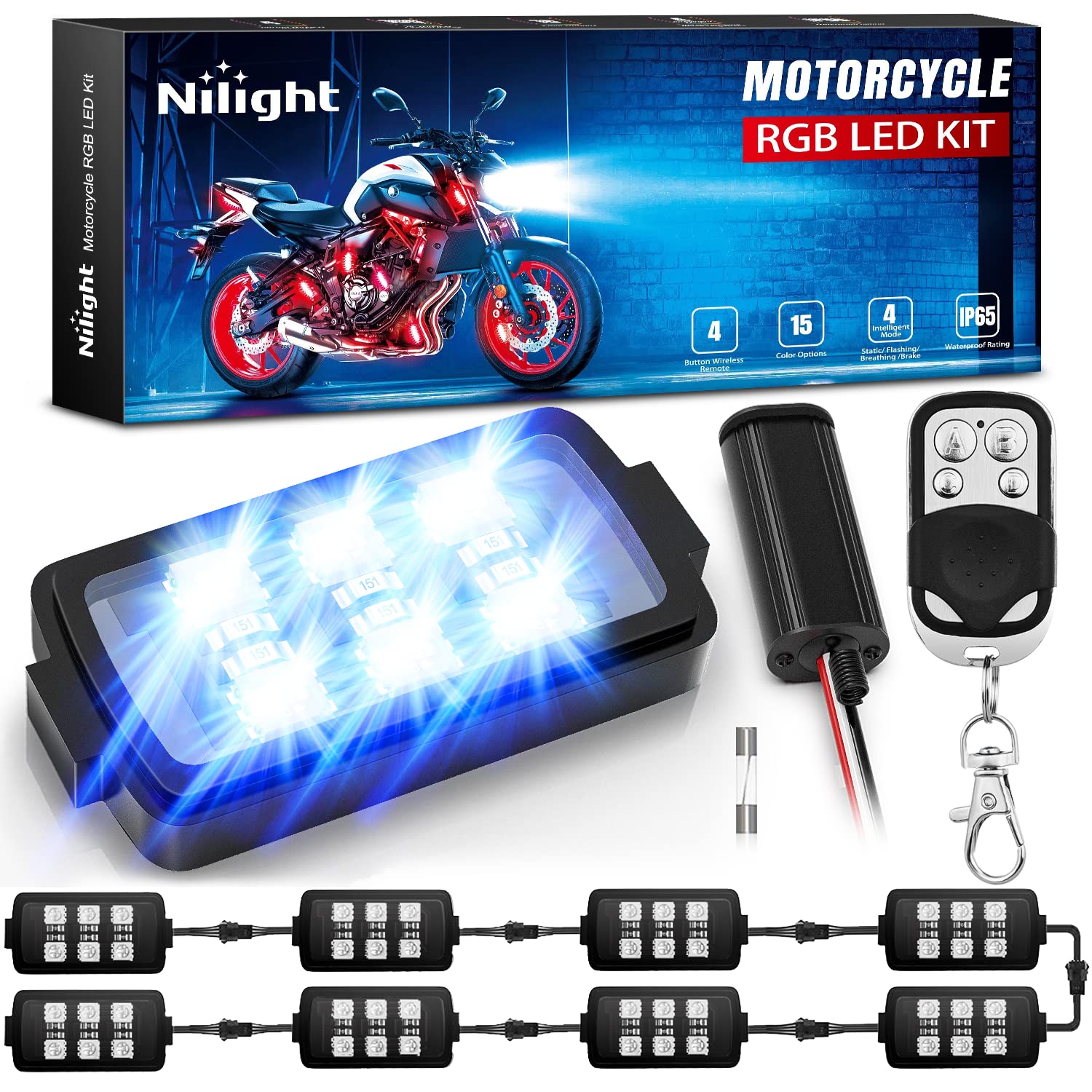 Nilight 8Pcs Motorcycle Rgb Led Strip Lights Kit Multi-Color Neon Waterproof Atmosphere Lights With Rf Wireless Smart Remote Con