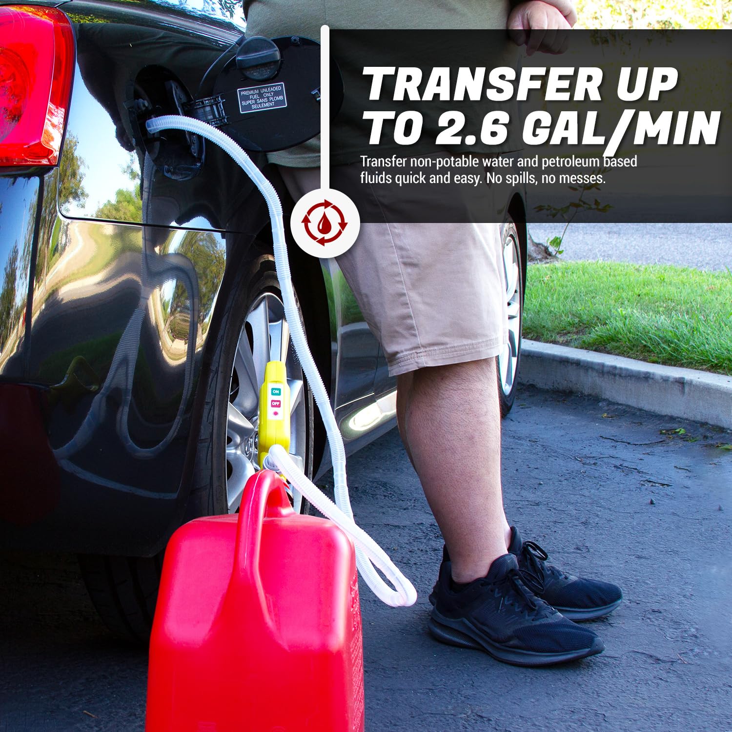 TERA PUMP Multipurpose Fuel Transfer Pump w/Auto Stop Sensor - Powerful Motor, 2.6 GPM, Battery Powered, Portable Gas Pump, 4.1ft Discharge Hose