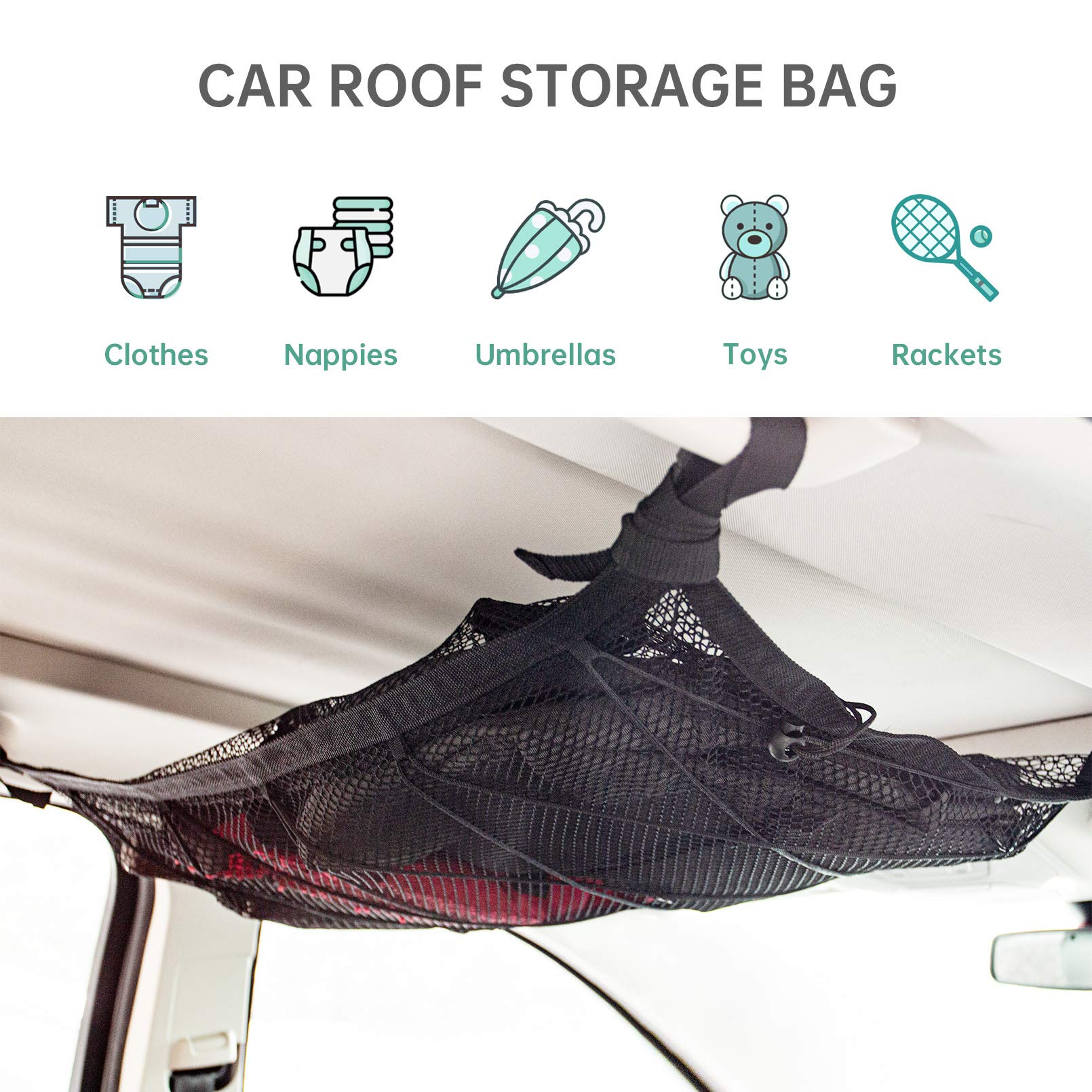 Kaskawise Car Ceiling Cargo Net Pocket, 31''X21'' Adjustable Double-Layer Mesh Suv Roof Organizer Long Trip Storage Bag,Tent Put