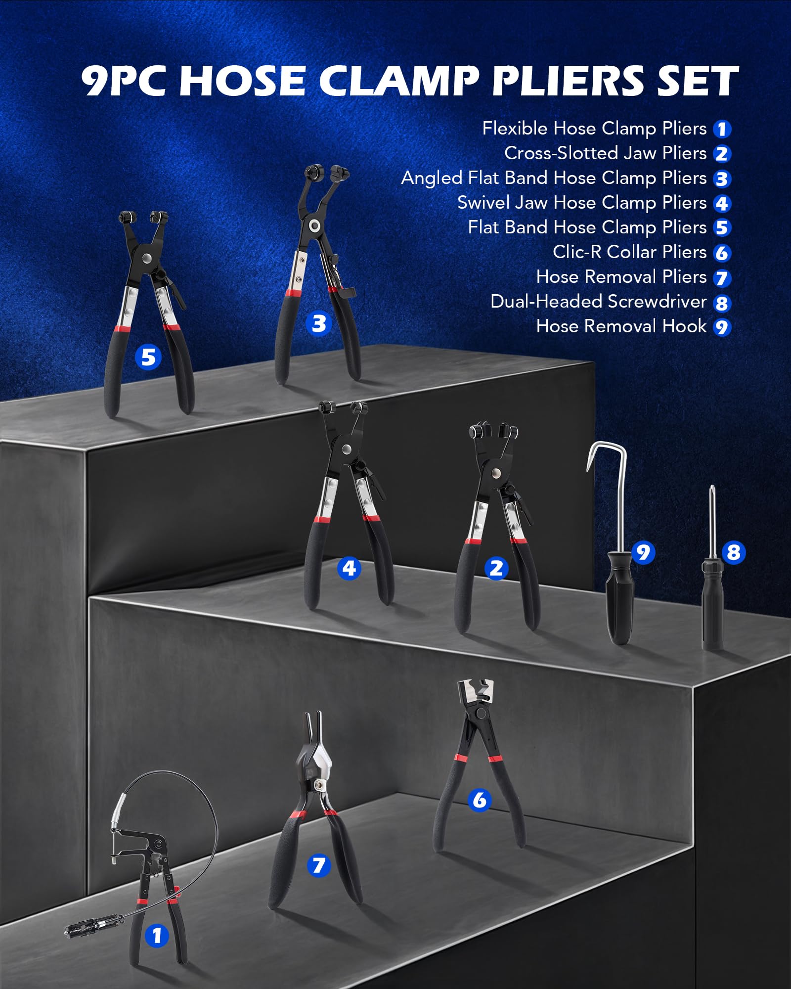 Orion Motor Tech 9Pc Hose Clamp Pliers With Flexible Wire Long Reach Swivel Jaw And Flat Band Pliers For Coolant Radiator Heater