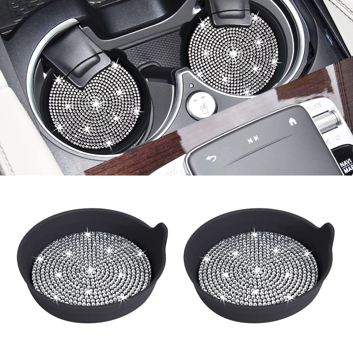 Amooca Car Cup Coaster Universal Non-Slip Cup Holders Bling Crystal Rhinestone Car Interior Accessories 2 Pack Black Whole Rhine