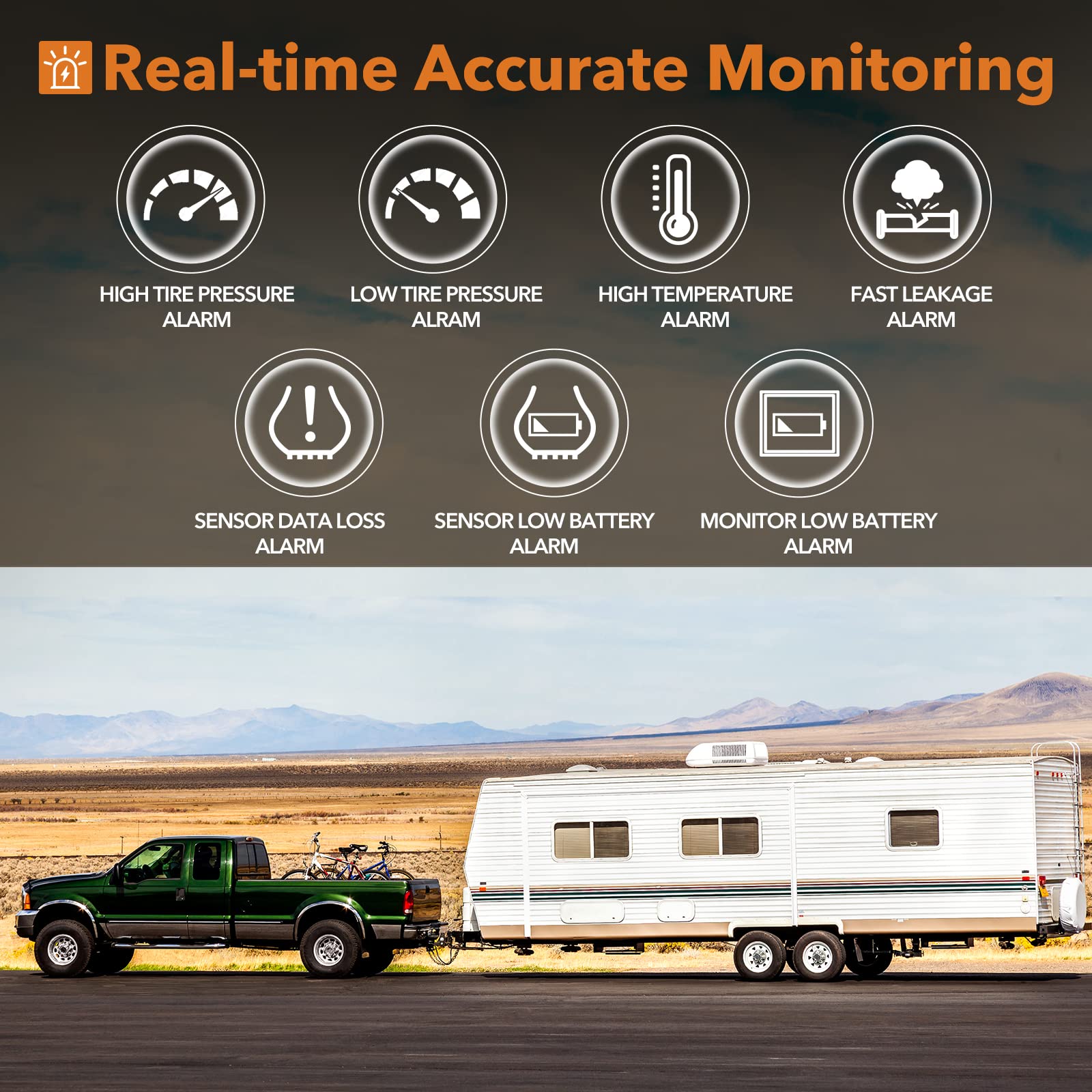 Guta Rv Tire Pressure Monitoring System, Rv Tpms, 8 Sensors, 7 Alarm Modes, 14 Days Battery Life, 80Ft Sensing Distance, Large S