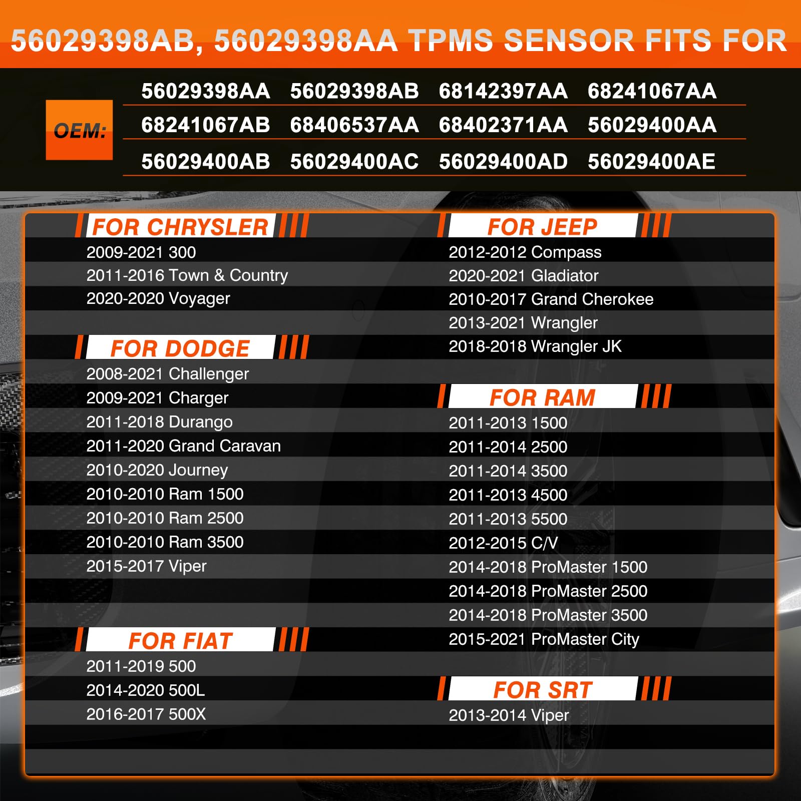 ISINFLASH 433MHz TPMS Tire Pressure Monitoring System Sensor Compatible with Chrysler Jeep Wrangler JK Dodge Ram Charger Replace