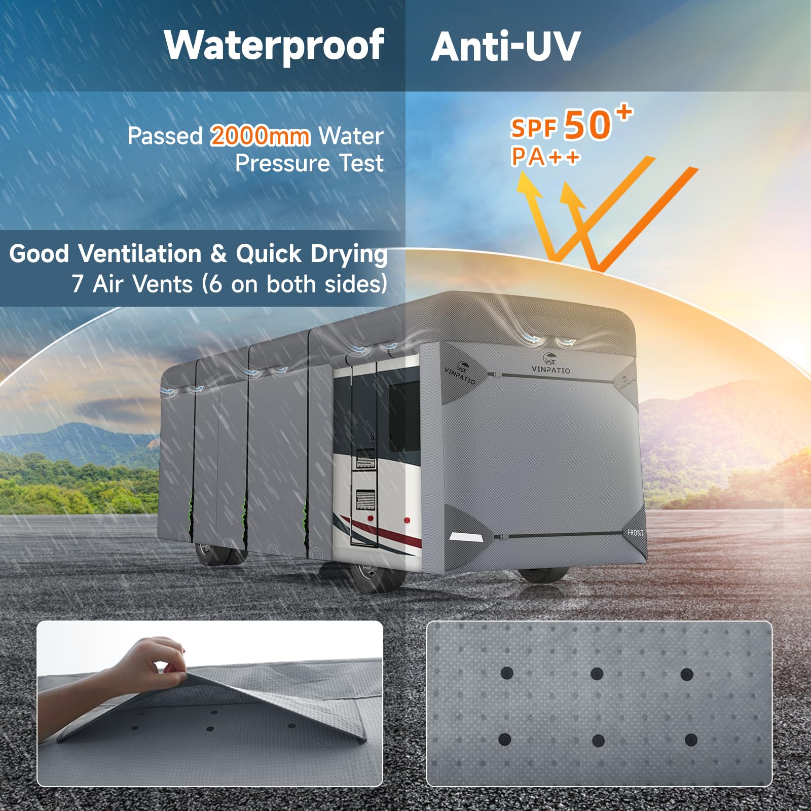Vinpatio Class A Rv Cover Extra Thick 7 Layers Top, Fits 31'-34' Rv, Heavy Duty Windproof Waterproof Class A Motorhome Cover Wit