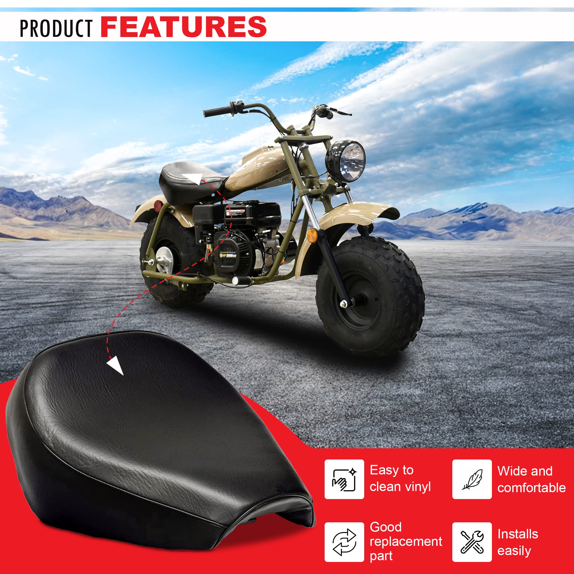 Alveytech Black Replacement Seat - Fits 196Cc 6.5Hp Massimo Mb200, Baja Heat Warrior Mb165 & Mb200 Motorsports, Falcon 200, Trailmaster Mb200-1, Mb200-2, Bennche Mb200 Mini Gas Bike