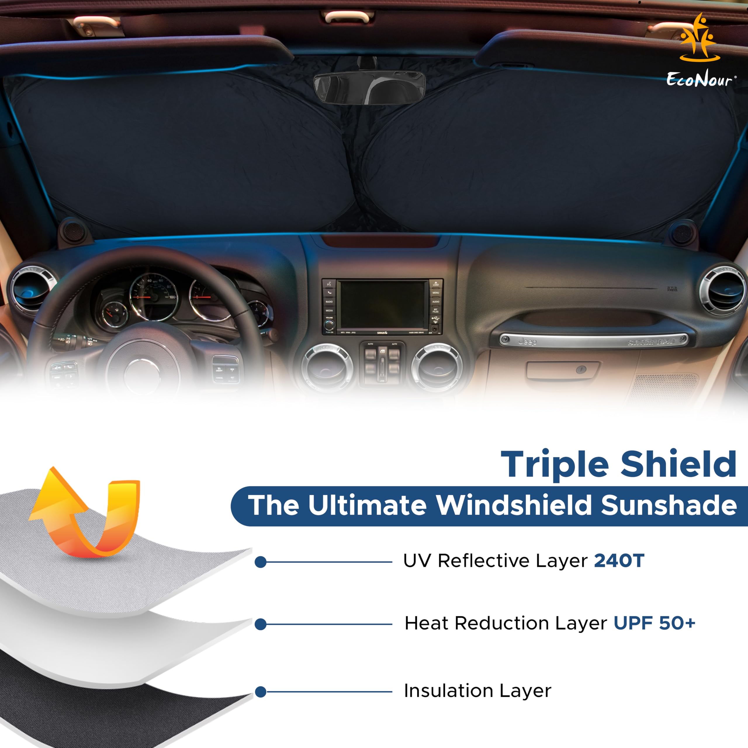 Econour Jeep Wrangler Windshield Sunshade | Sun Visor To Protect Uv Rays And Heat Glare | Jeep Accessories Cover | Fits For Wran