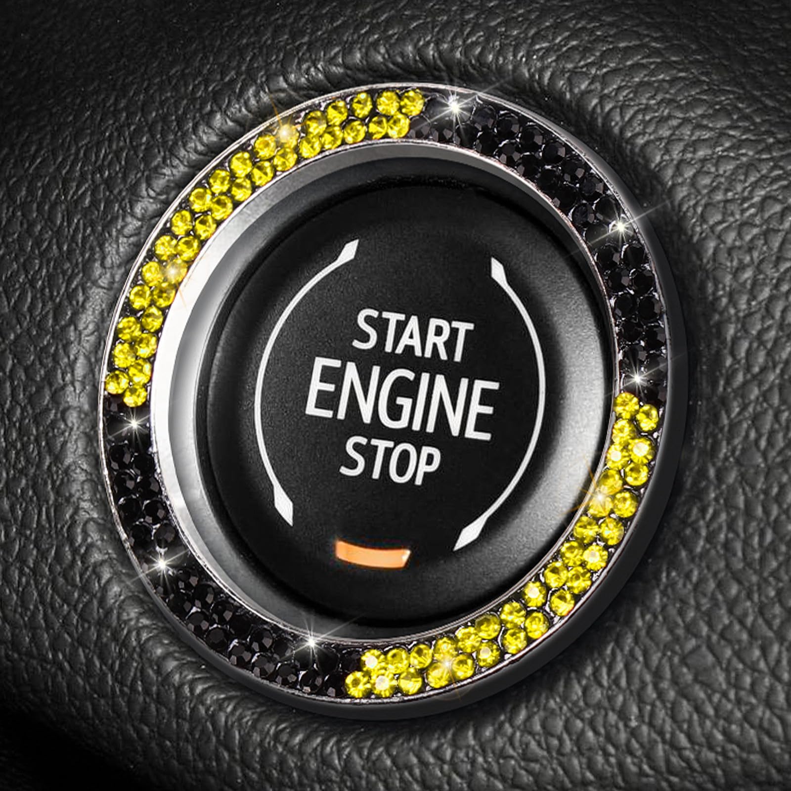 Tobequeen Bling Black Yellow Push Start Button Cover Emblem Sticker, Crystal Diamond Rhinestone Engine Start Ring Car Decor, Yel