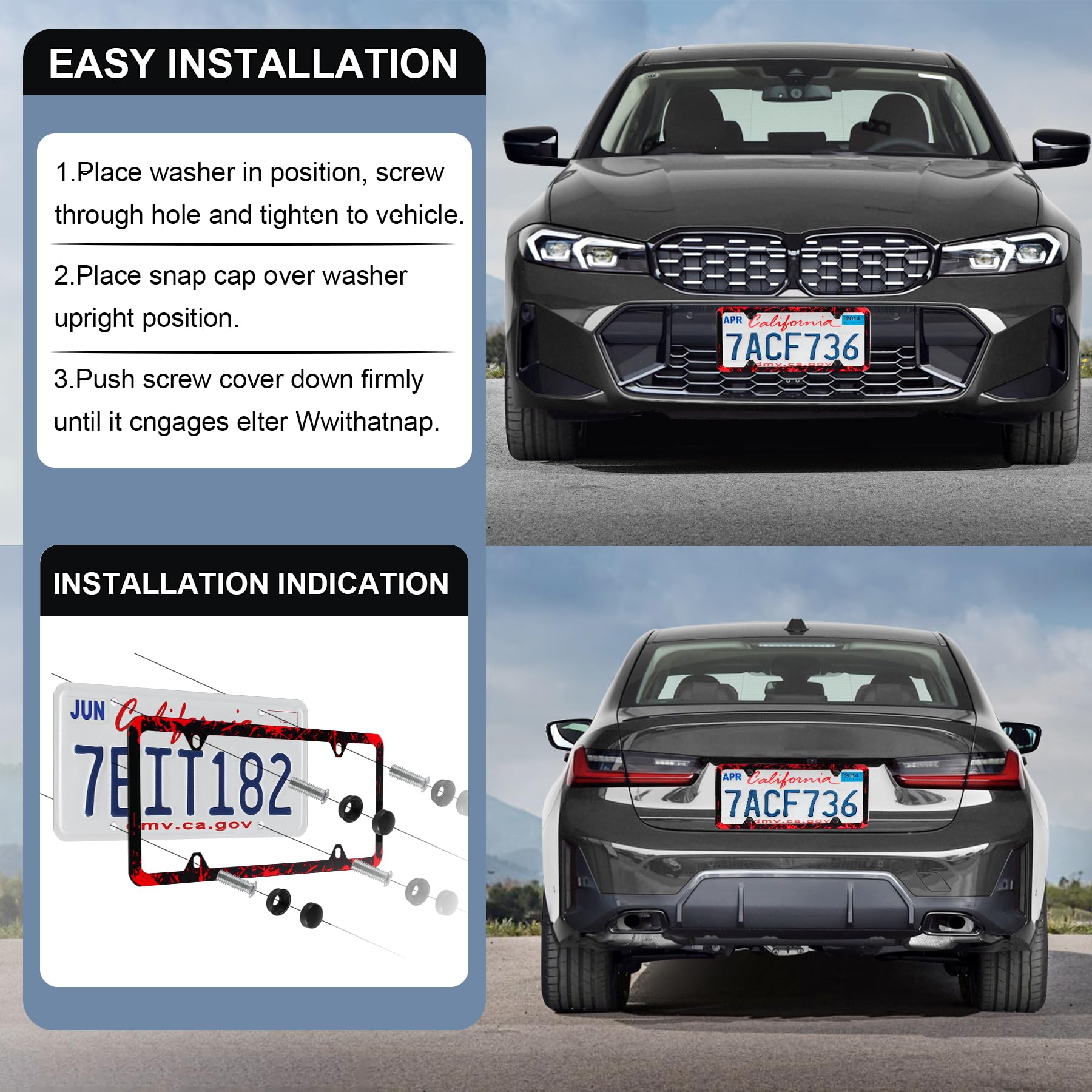 Livtee Black License Plate Frames, 4 Holes Stainless Steel License Plate Covers, 2Pcs Car License Plate Holder, Automotive Exter