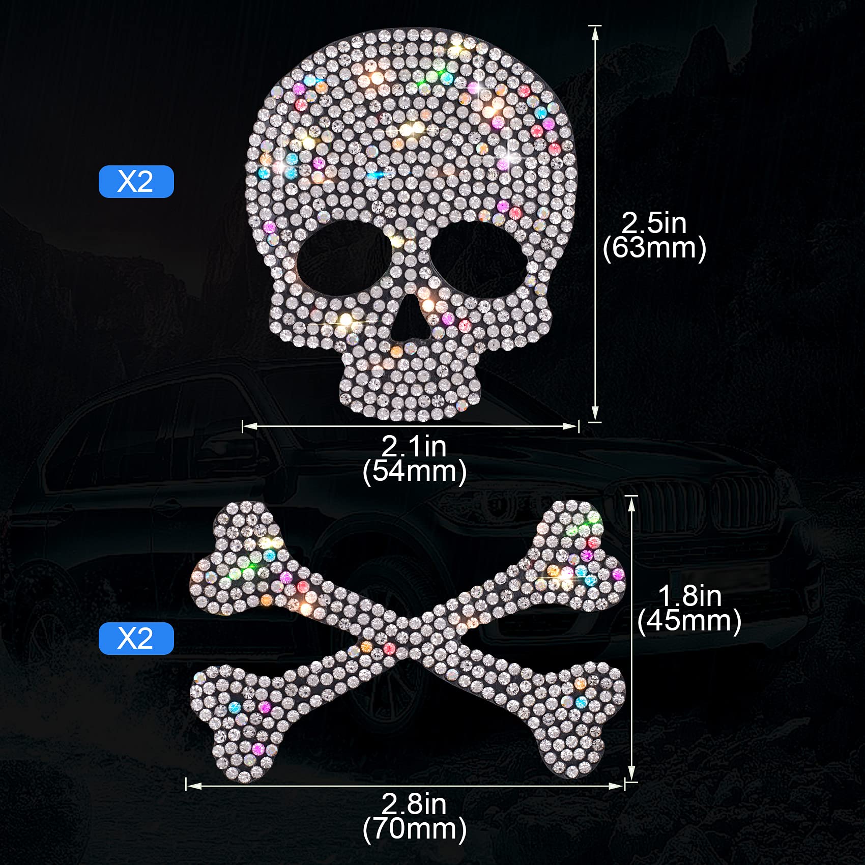 Oiiki 2Pcs Skull And Bone Bling Car Decals, Skull Decal Rhinestone Stickers, Crystal Car Decor, Diamond Car Stickers And Decals,
