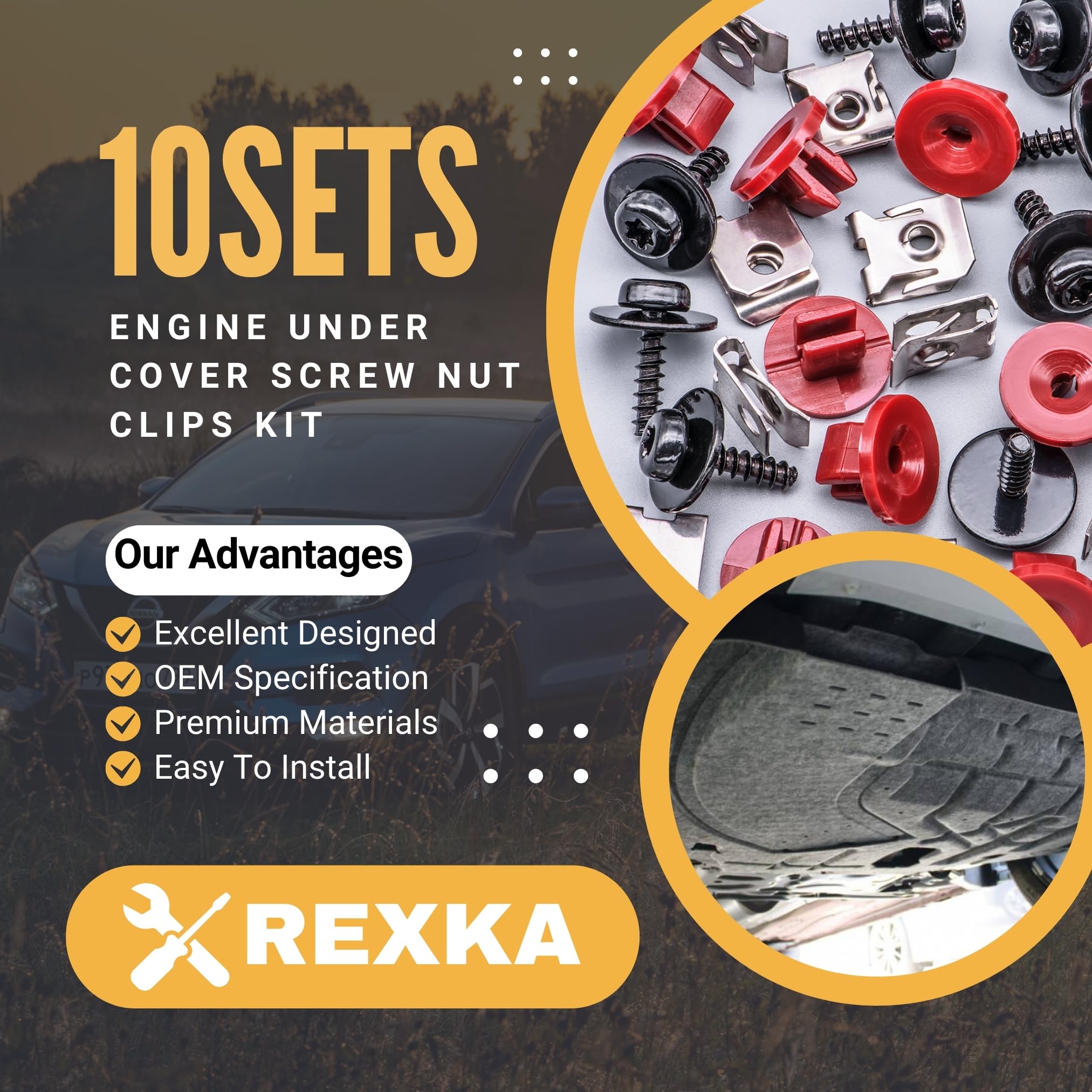 Rexka T30 Engine Splash Shield Guard Kit - 10 Sets of Nylon Screws, Nuts, Clips for Ford Focus, Fusion, Escape, Explorer, C-Max, Lincoln MKC