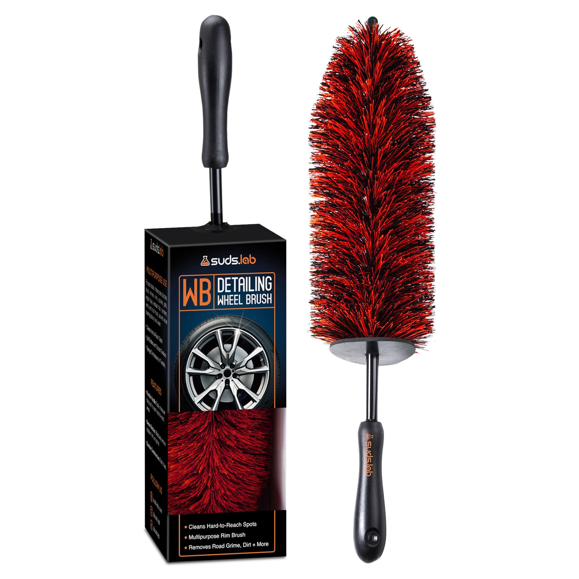 Suds Lab WB Wheel Cleaning Brush with Soft Bristles, Ergonomic Handle, Scratch-Free Tool for Alloy, Chrome, and Painted Wheels, 