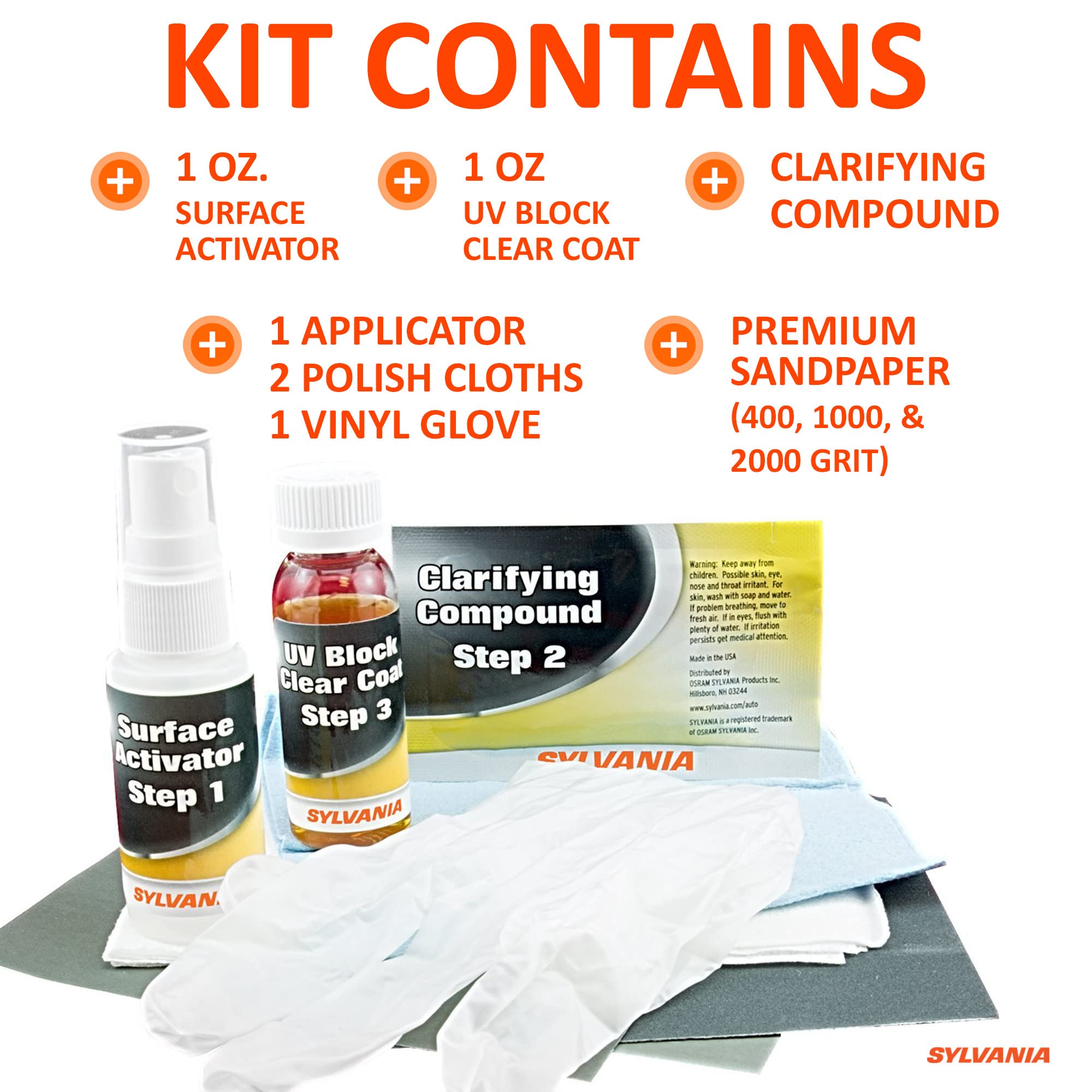Sylvania - Headlight Restoration Kit - 3 Easy Steps To Restore Sun Damaged Headlights With Exclusive Uv Block Clear Coat, Light