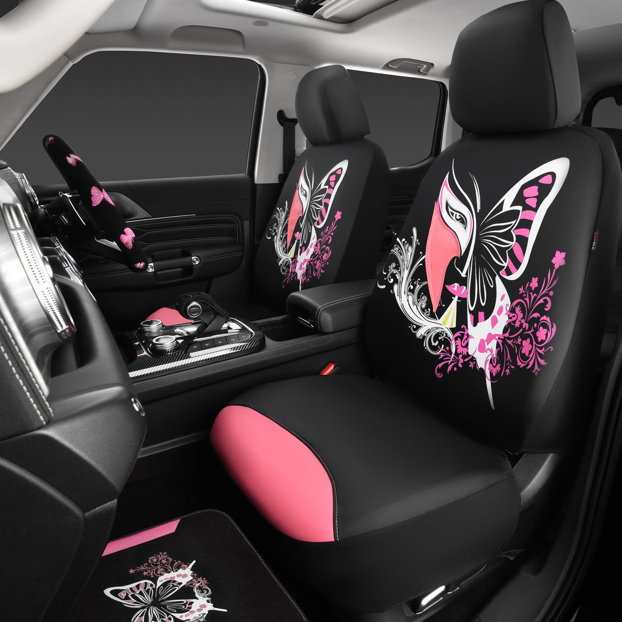 CAR PASS Pink Leather & Gaberdine Butterfly Car Seat Covers Full Set with Waterproof Car Floor Mats and Embroidered Butterflies