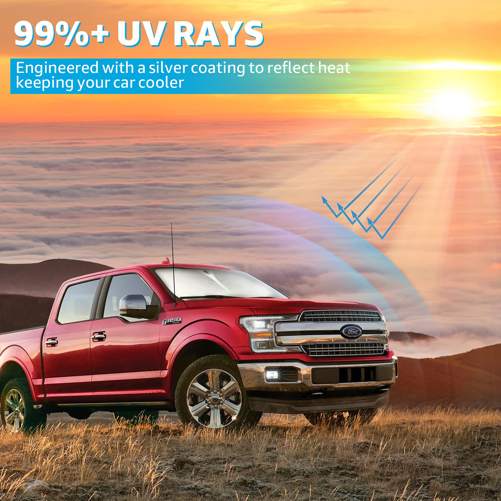 Proadsy Foldable Sunshade Protector for 2015-2020 Ford F-150 Lariat, King Ranch, Platinum, XL XLT, Limited, Raptor - Silver & Black