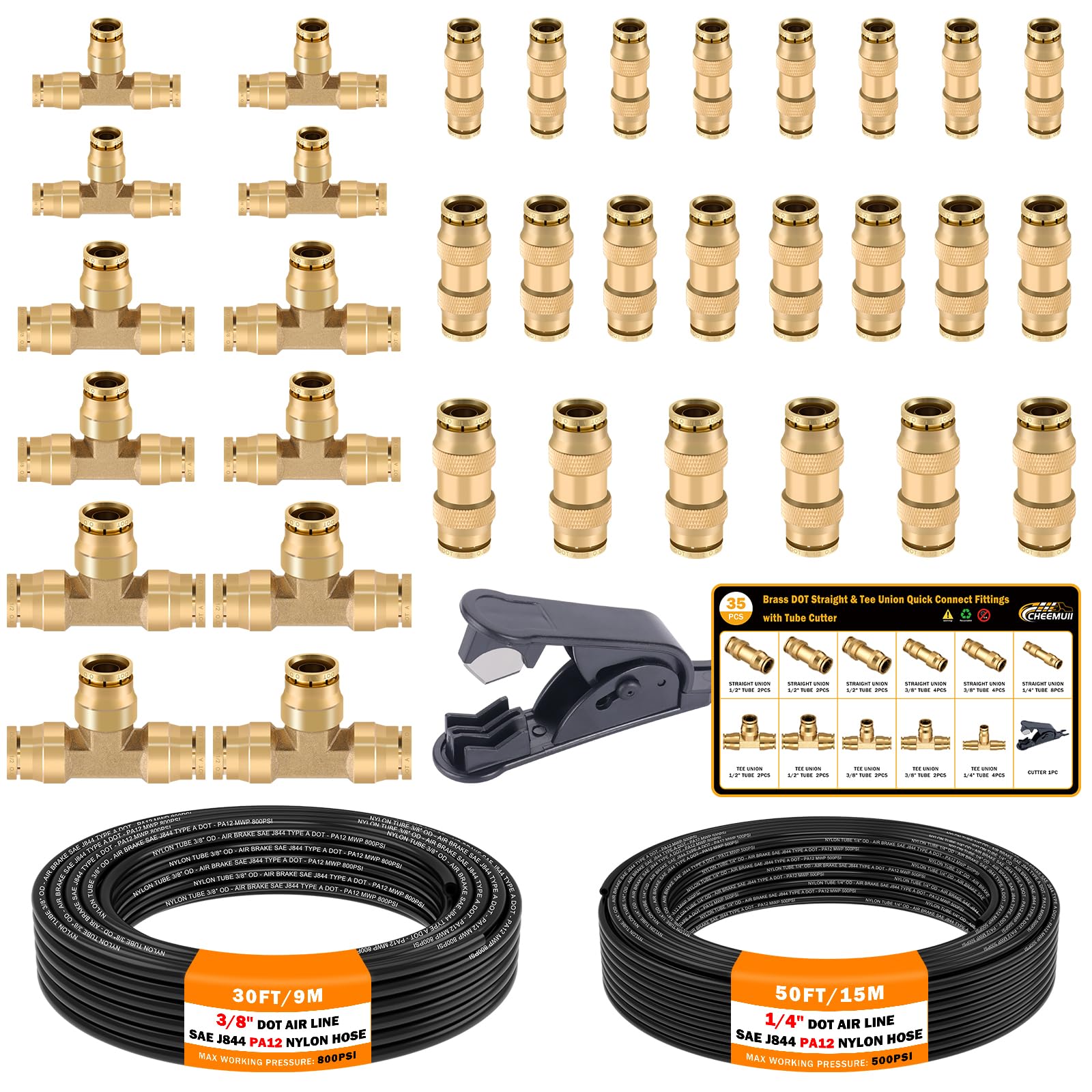 Cheemuii 35 Pcs Brass Dot Air Line Fittings With 50Ft 1/4 '' And 30Ft 3/8 '' Dot Air Line Kit Dot Push Lock Air Fittings Quick C