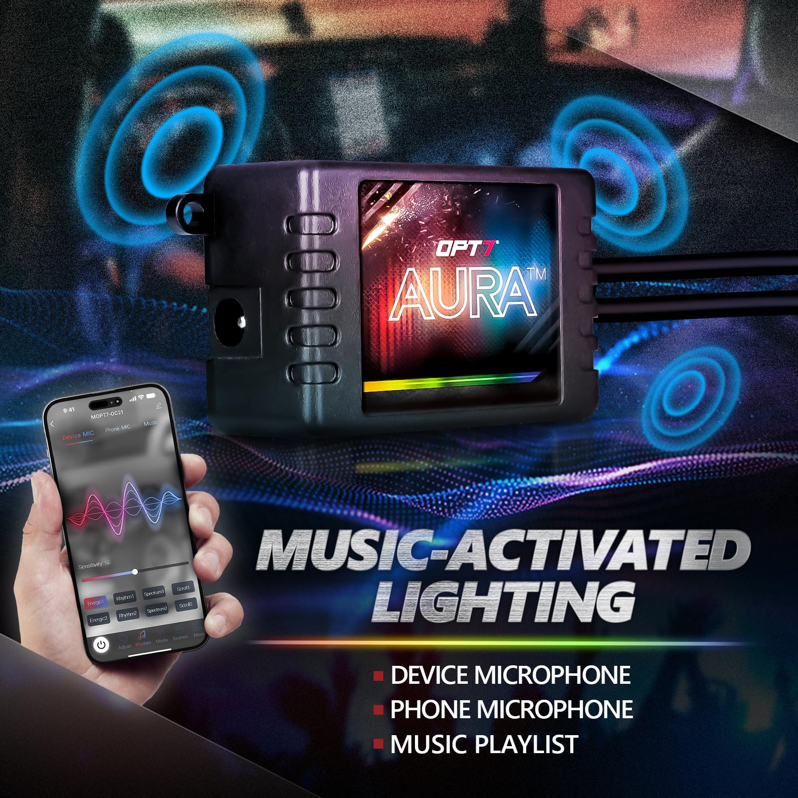 Opt7 Aura Pro Interior Car Lights With App & Remote Control, Rgb Color Change, Music Sync Inside Ambient Lighting Kit, Car Suv V