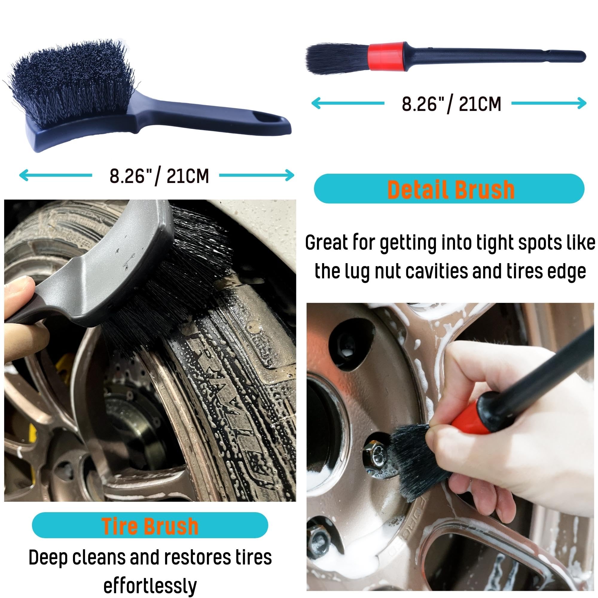 oesee PRO Choice 4 Pack Long Handle Wheel Brush Kit for Cleaning Wheel and Tire- 2X Soft Wheel Cleaning Brush, Detailing Brush a