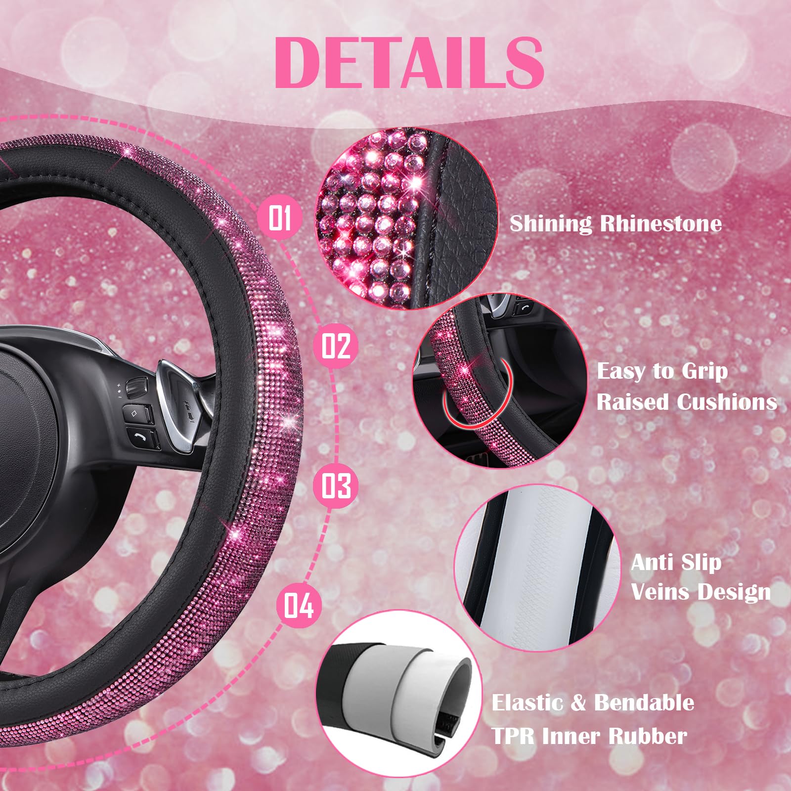 CAR PASS 30 PCS Bling Pink Car Set for Women, Bling Steering Wheel Covers Set 15 Inch, Shining Rhinestone License Plate Frame, S