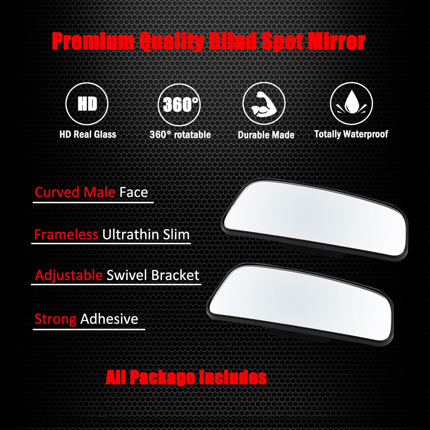 Ampper Rectangle Blind Spot Mirror, HD Glass ABS Housing Convex Wide Angle Rearview Blindspot Car Mirror for Car SUV and Truck (