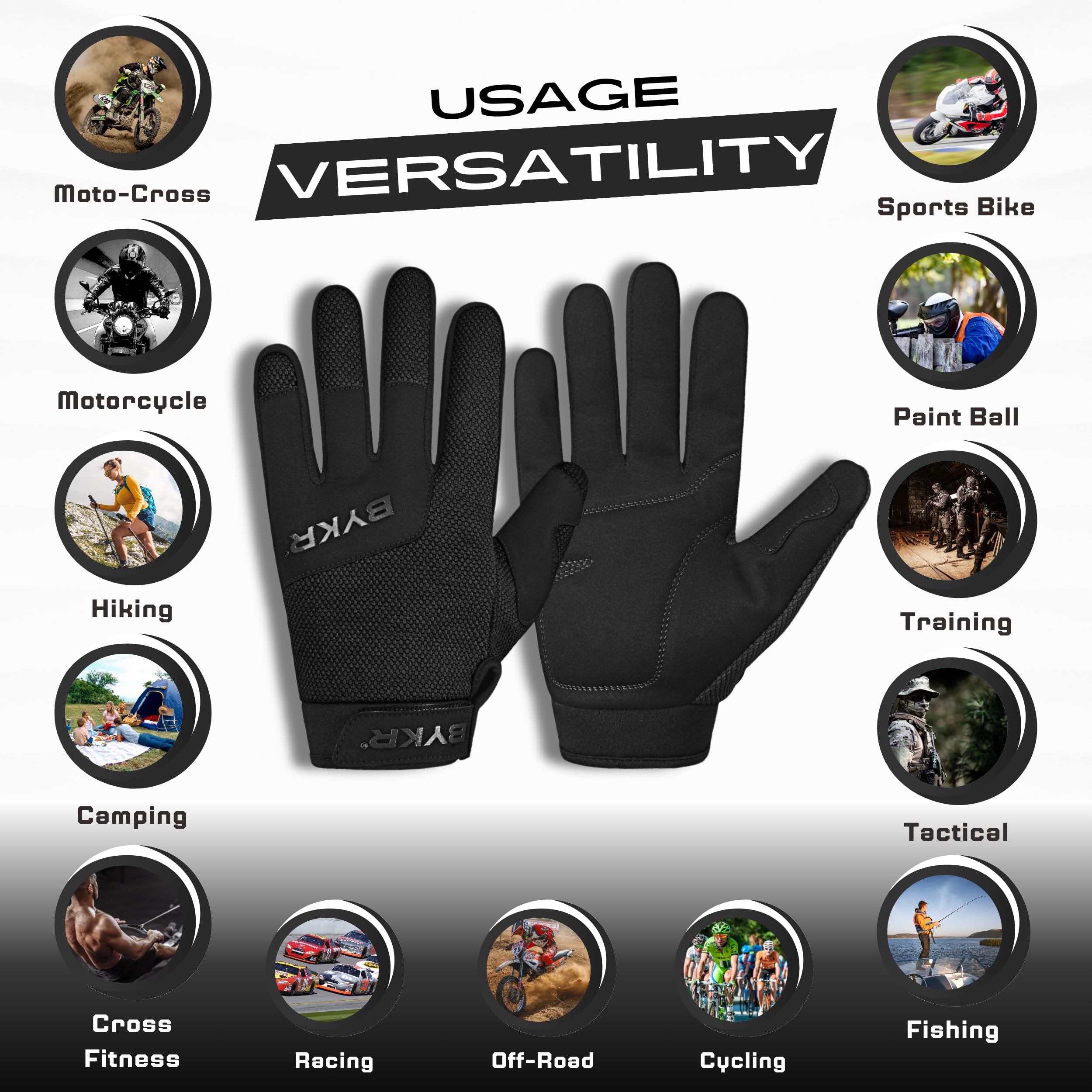 Bykr All-Weather Motorcycle Gloves For Men & Women - Protection For Dirt Bike, Bmx, Mx, And Atv Riding - Black M