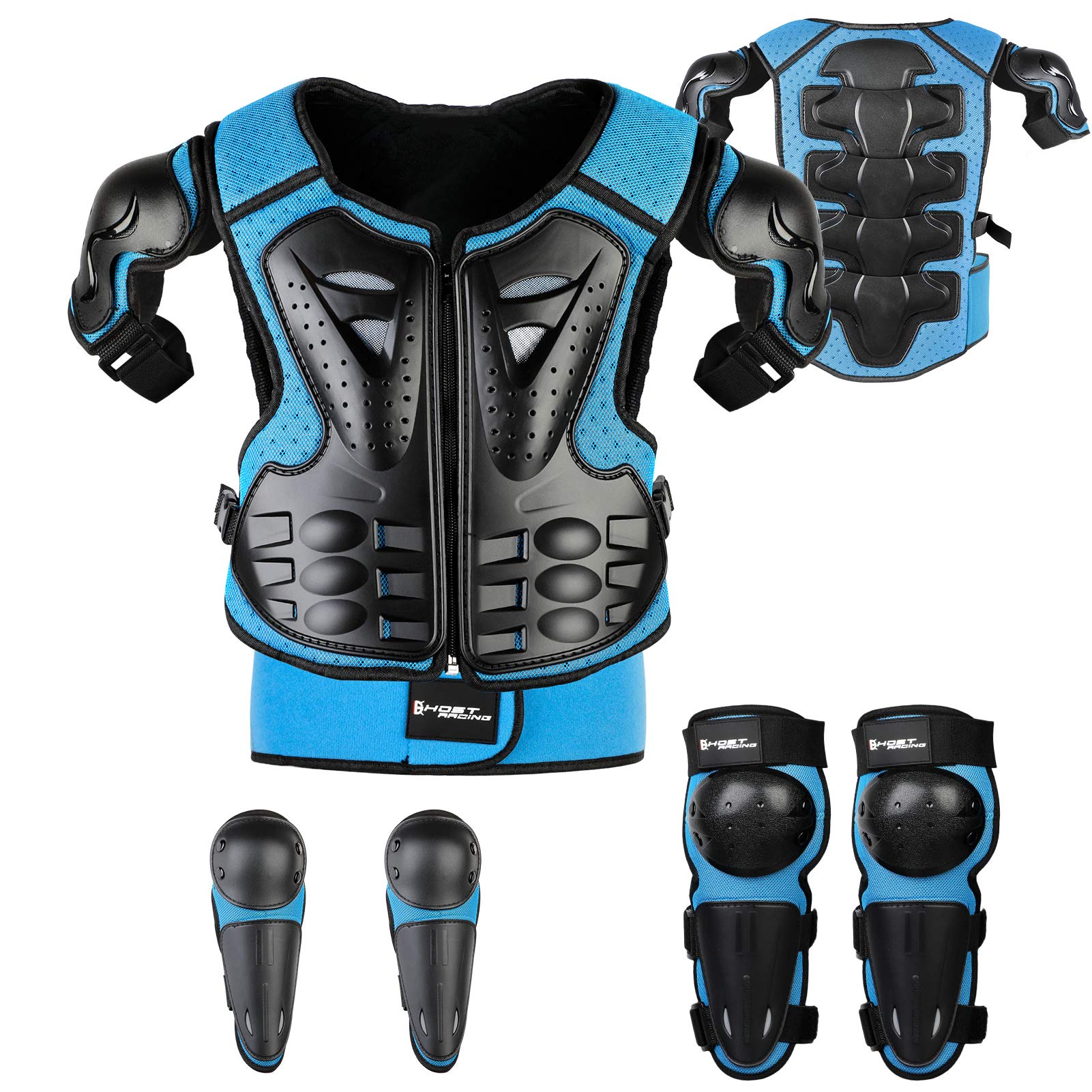 JUSTDOLIFE Youth Dirt Bike Gear Set - 5 PCS Motorcycle Armor with Knee & Elbow Pads, Chest Protector, For Ages 4-12, Blue, Model FJBB28P315