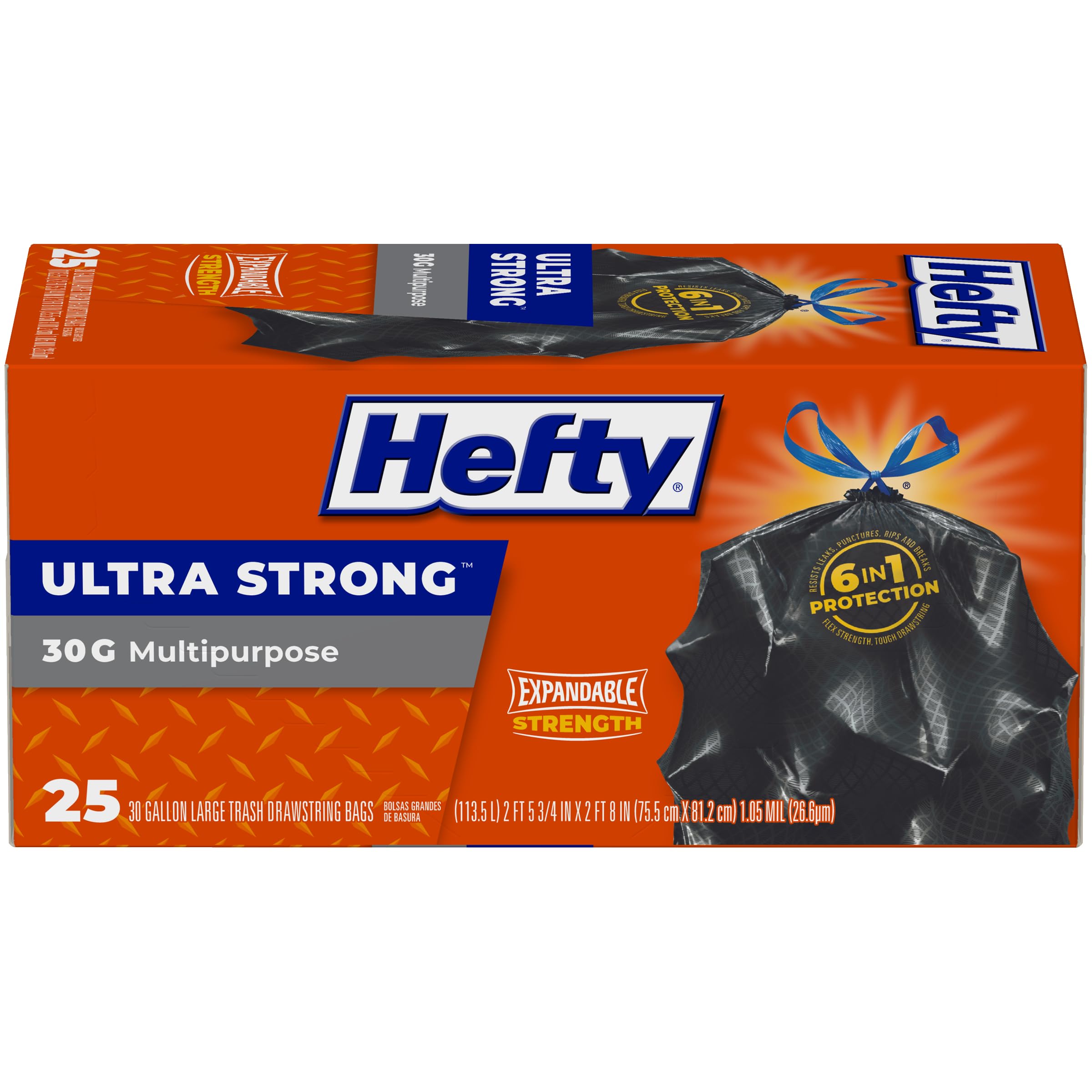 Hefty Ultra Strong Multipurpose Large Trash Bags, Black, Unscented, 30 Gallon, 25 Count (Pack Of 1)
