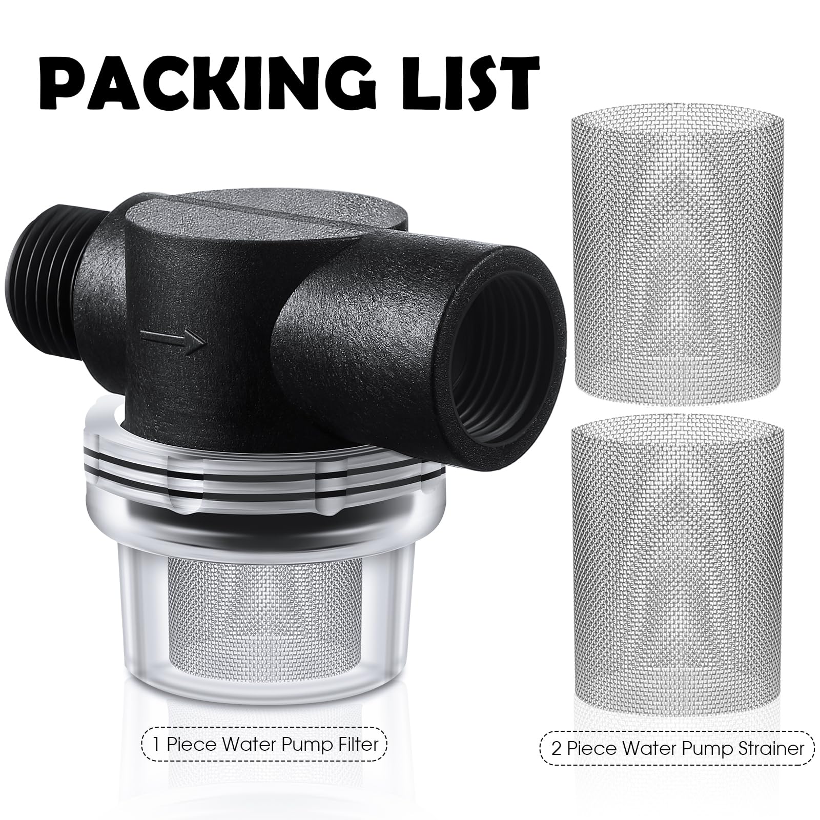 Honoson 3 Pcs Water Pump Strainer Filter Set Include Twist on Pipe Filter and Extra 50 Mesh Stainless Steel Screen, Rv Replaceme
