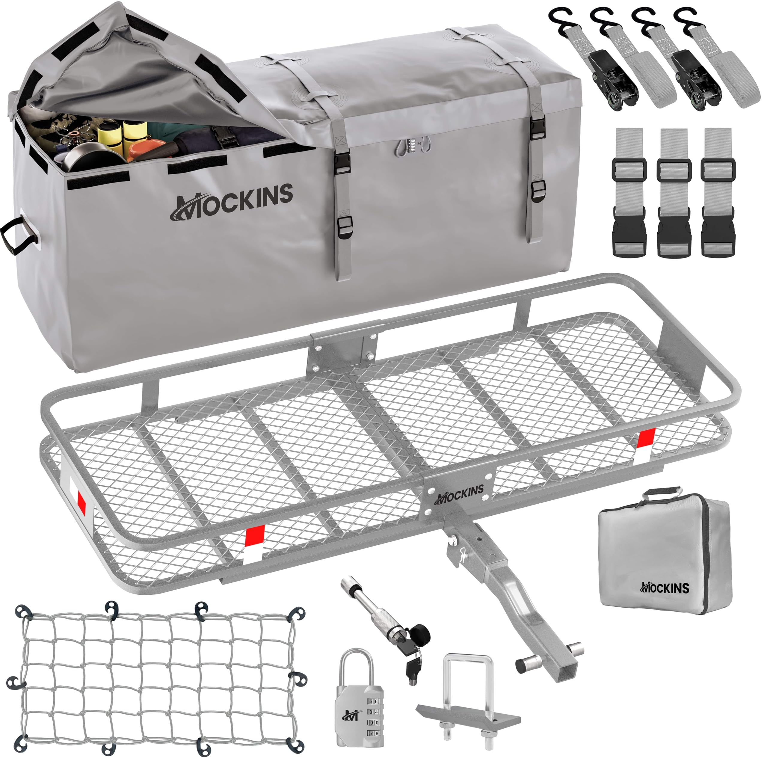 Mockins 60'X20'X6' Folding Trailer Hitch Cargo Carrier Rack 500 Lbs Cap| Vehicle Soft-Shell Carriers W/Waterproof Truck Bed Cargo Bag | Cargo Carrier Hitch Mount | Tow Hitch Cargo Basket For Suv &Car