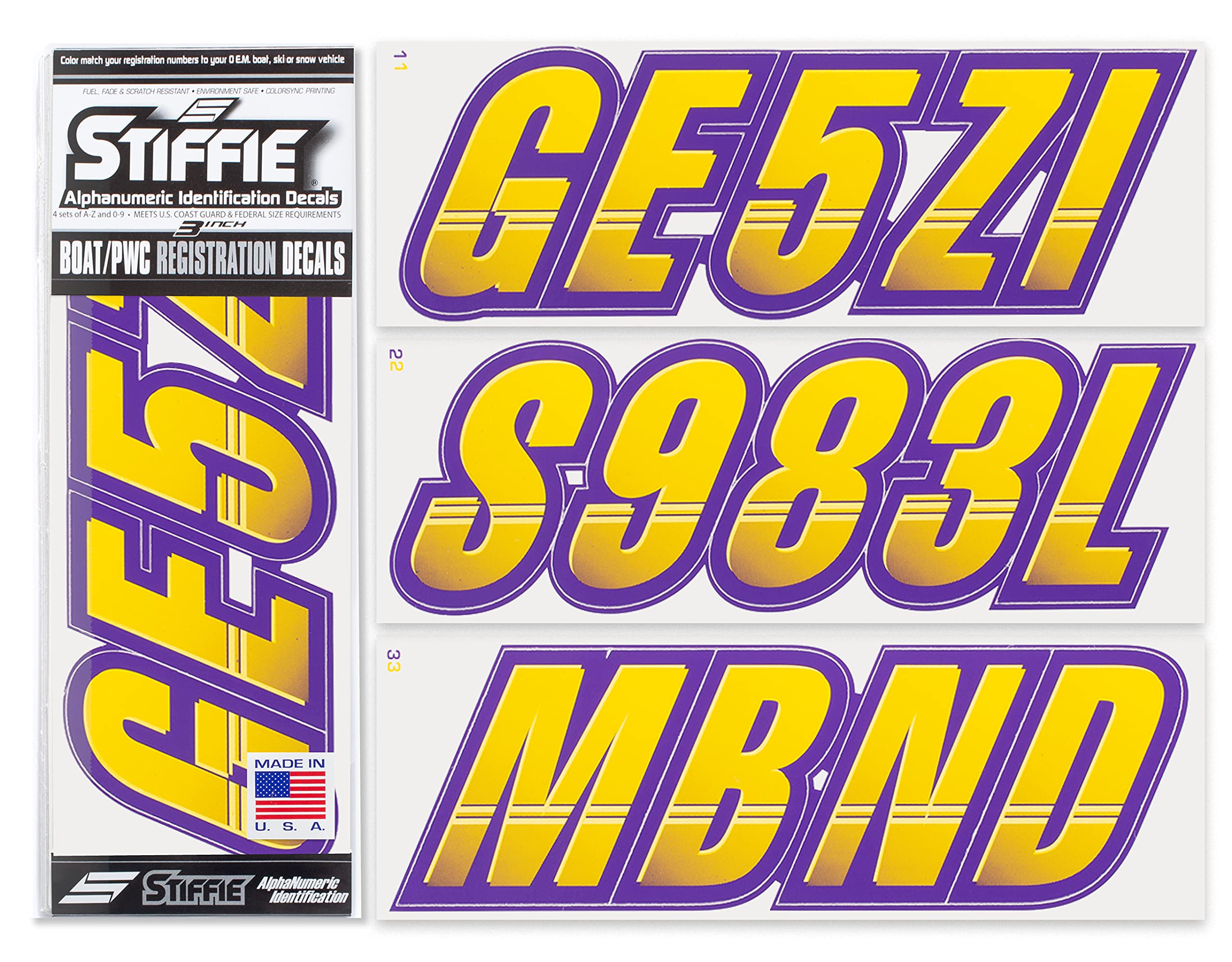 Stiffie Techtron Yellow/Purple 3'' Boat & Pwc Registration Decals  Numbers Letters Stickers