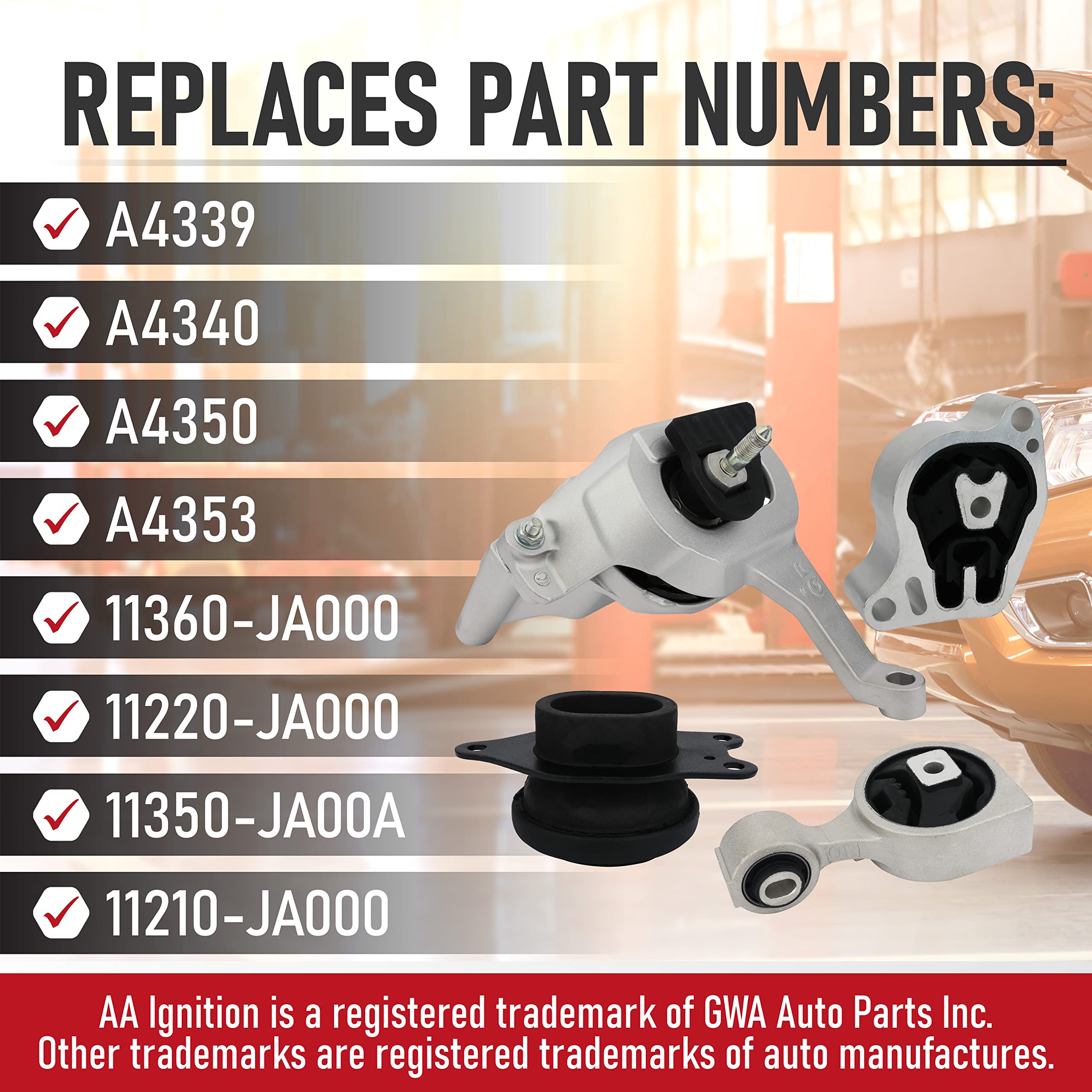 Engine Motor And Transmission Mount Set Of 4 - Fits Nissan Altima 2007-2012 2.5L Automatic Transmission - Replaces A4339, A4340,