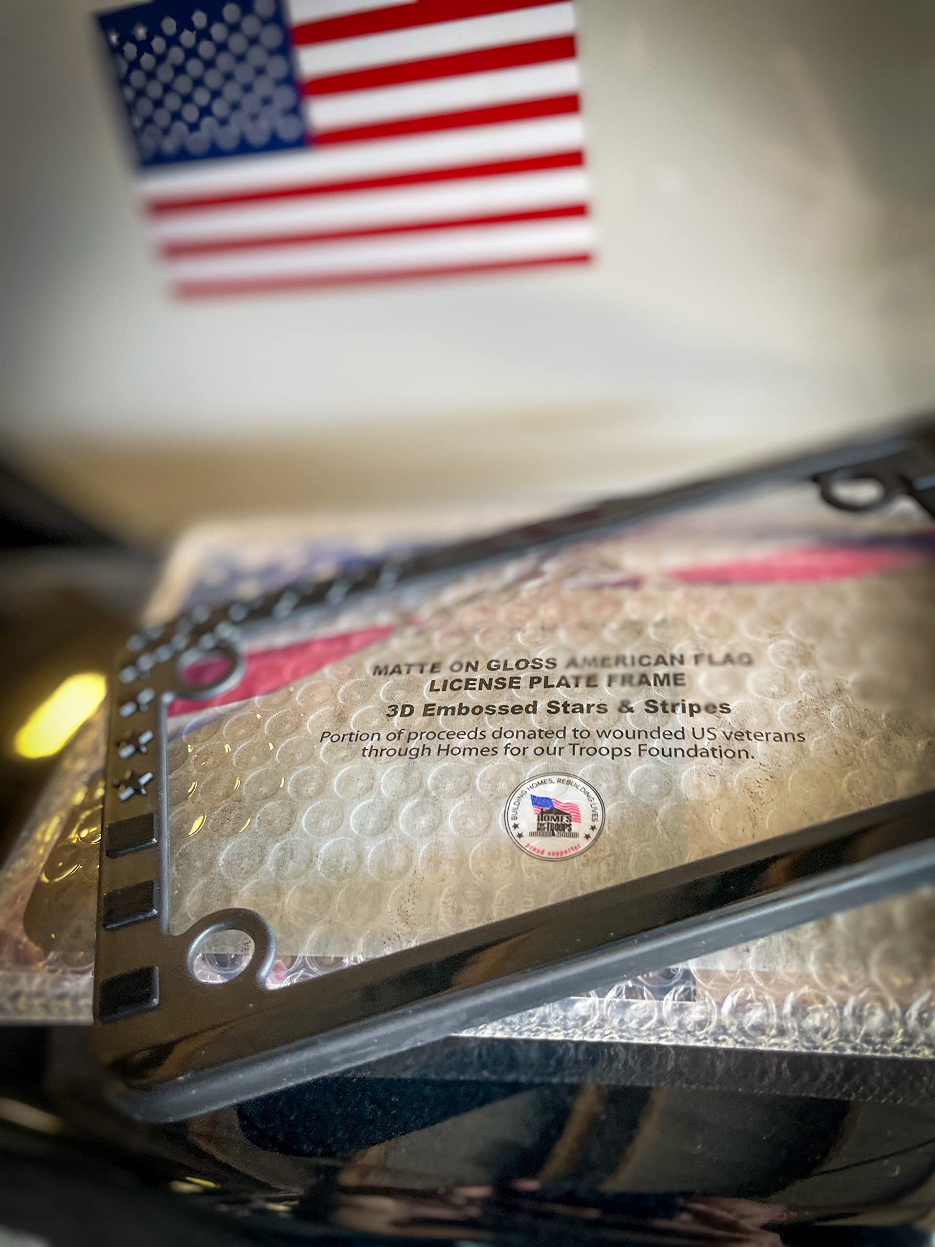 Tactilian Motorcycle American Flag License Plate Frame - Subdued 3D Embossed Usa Flag In Gloss On Matte Black Finish For Motorcy