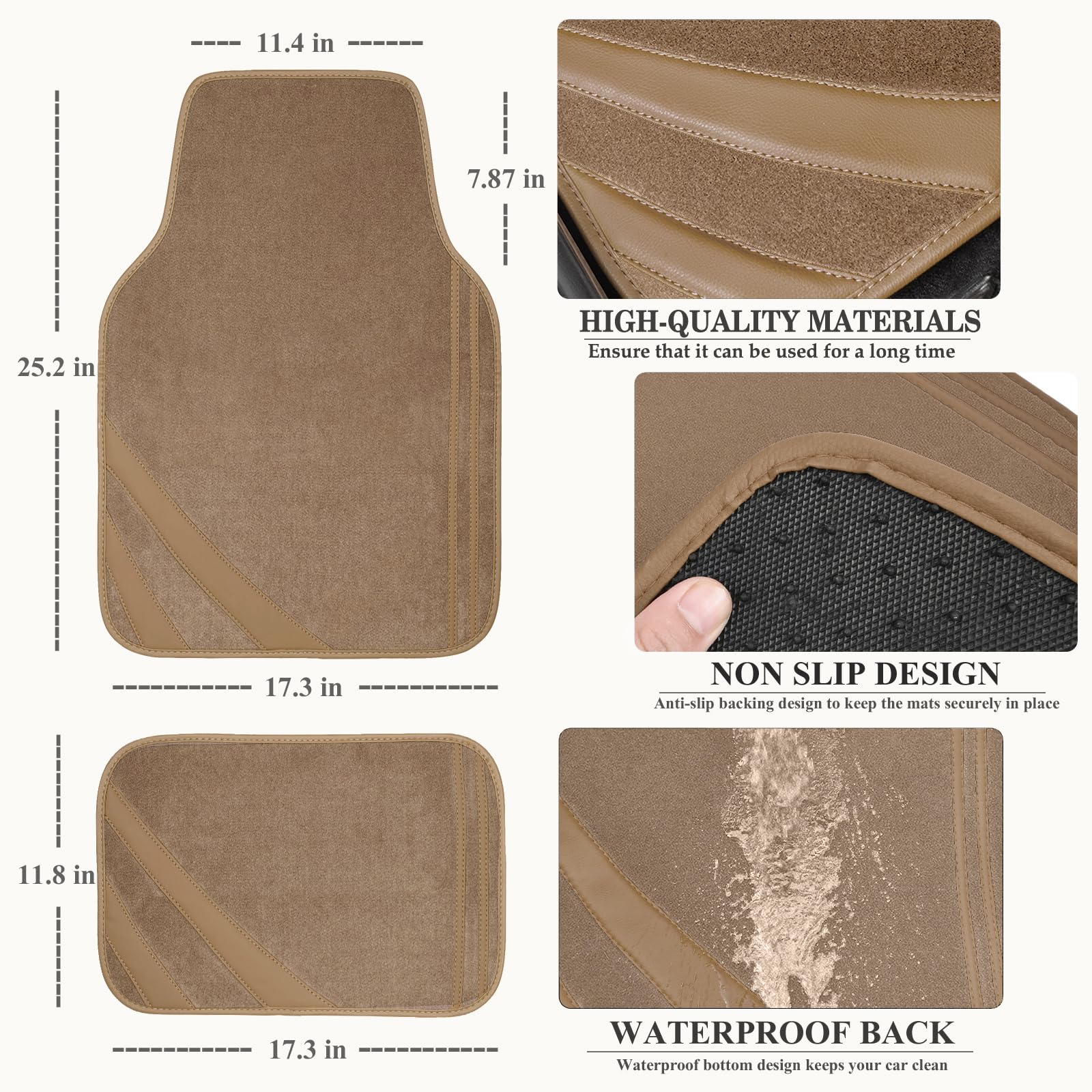 Car Pass Beige Car Floor Mats, Edge Leather Waterproof Car Mats With Double Stitch Line And Anti-Slip Backing Design, Fit 95% Au