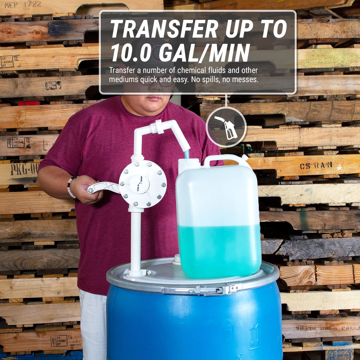 TERA PUMP Barrel Chemical Pump for 55 Gallon Barrel, Heavy Duty Polypropylene, Hand Crank Action Pump, 10 GPM, Corrosion Resista