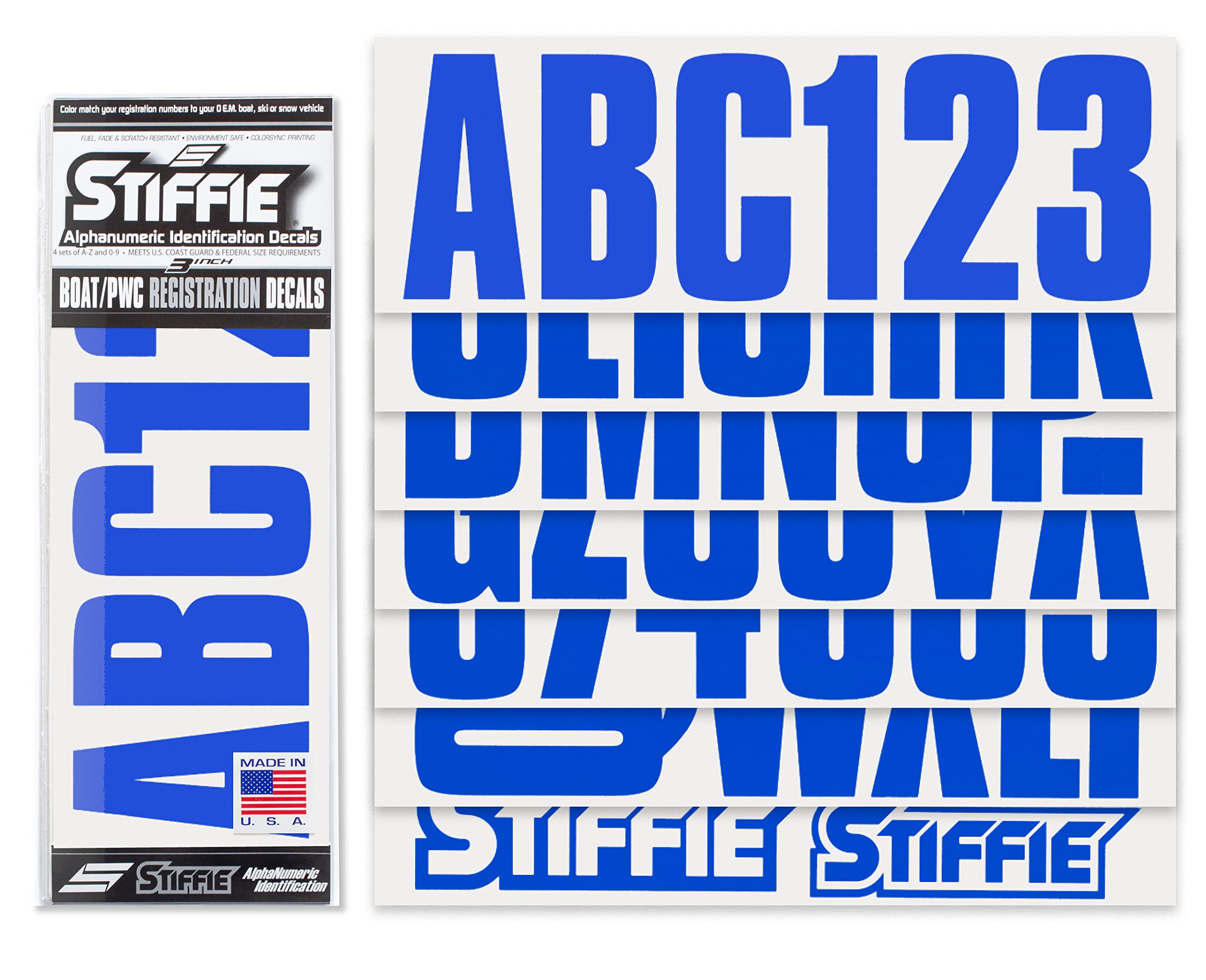 Stiffie Uniline Blue 3 Id Kit Alpha-Numeric Registration Identification Numbers Stickers Decals For Boats & Personal Watercraft