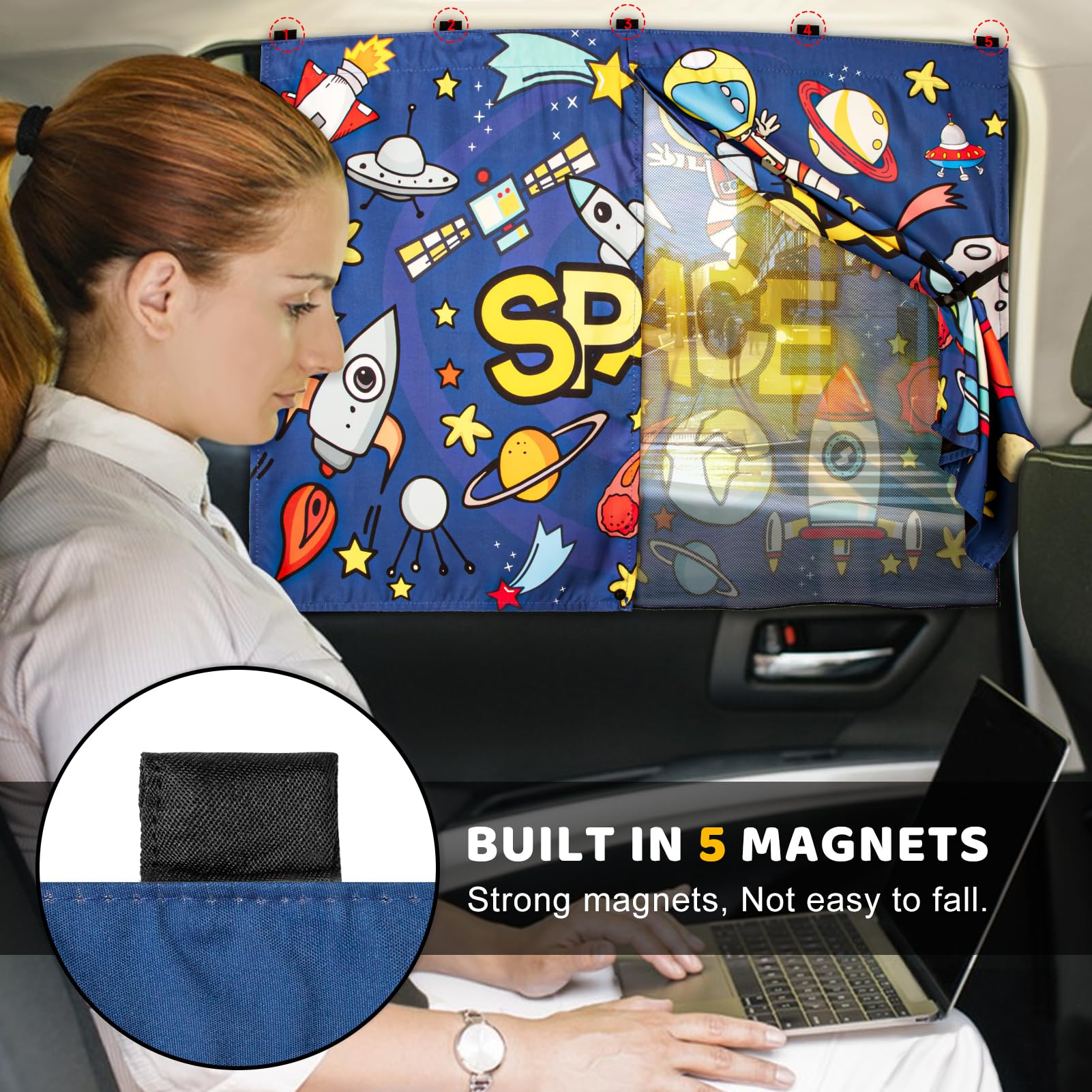 Car Sun Shade Side Window, 2Pcs Magnetic Double Layer Car Window Shades For Privacy Full Covers/Half Shade Options Cute Space Pa