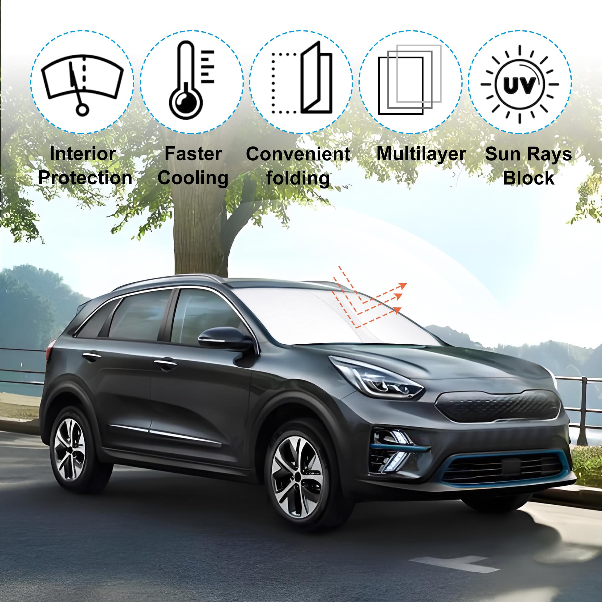 Yycke Windshield Sun Shade Accessories Compatible With 2017-2022 Niro For Kia Foldable Sunshade Sun Visor Blocks Uv