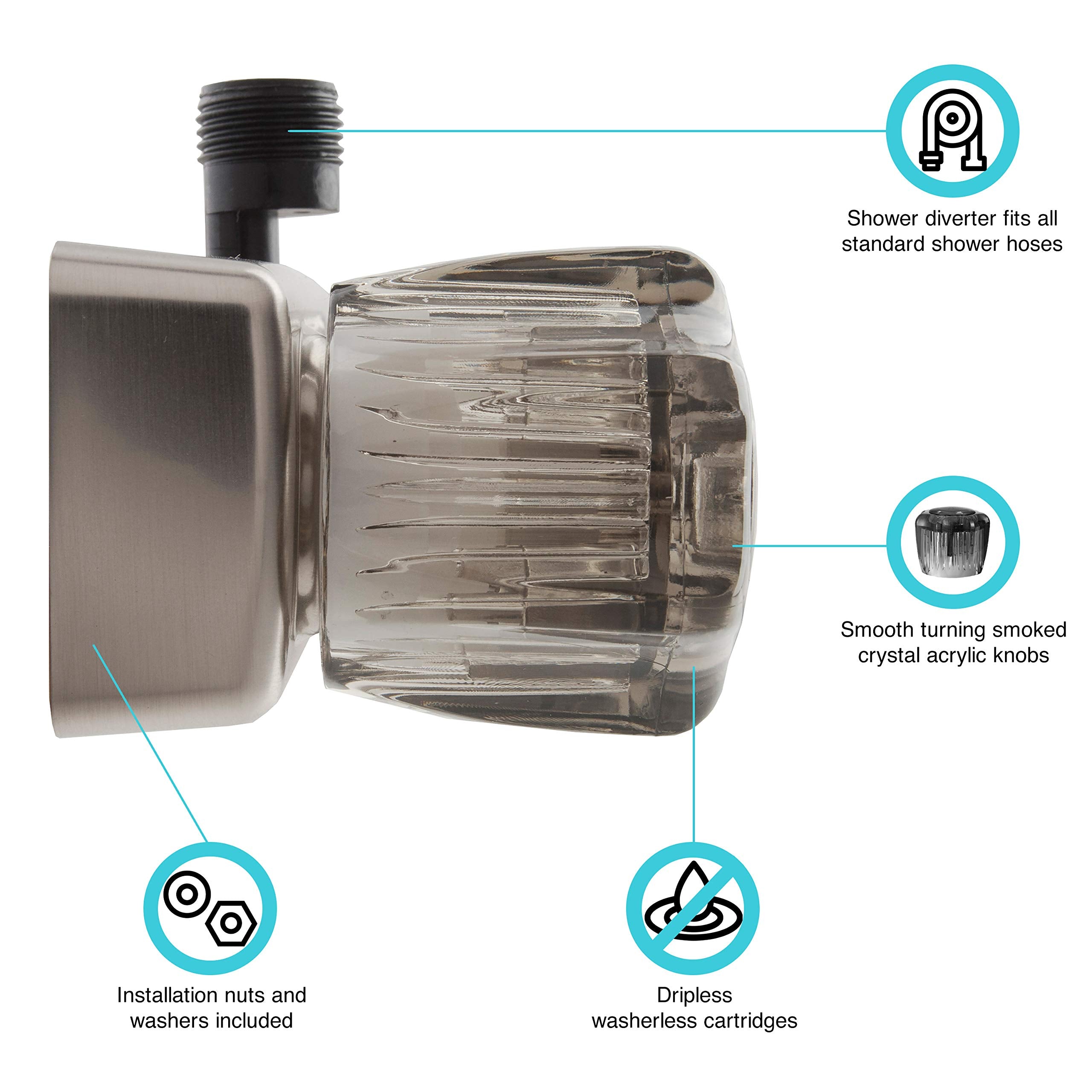 Dura Faucet Df-Sa100S-Sn Rv/Motorhome/Trailer Shower Faucet Valve Diverter With Smoked Acrylic Knobs (Brushed Satin Nickel)