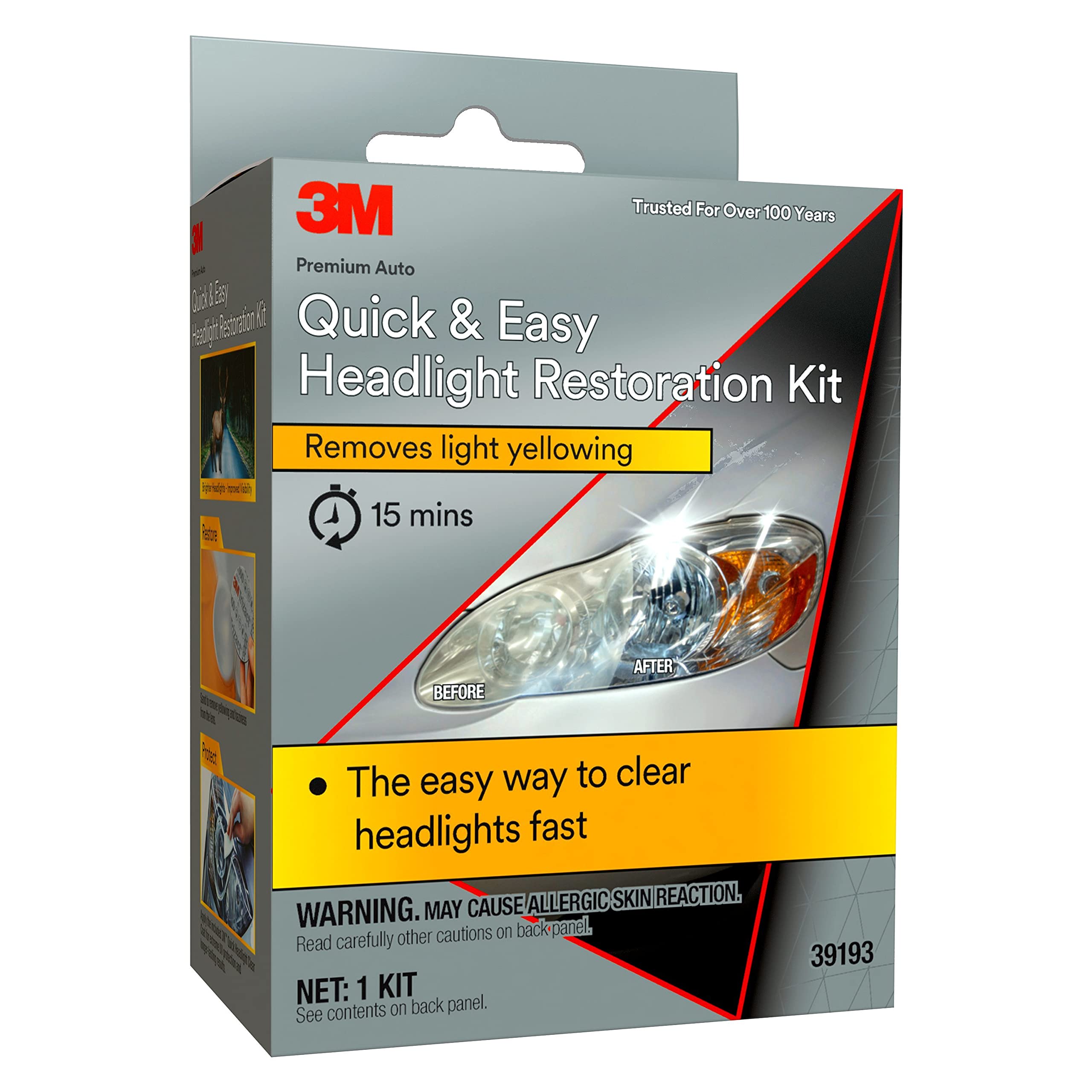 3M Quick And Easy Headlight Restoration Kit, Removes Light Yellowing In 15-Minutes, 39193, 1 Kit