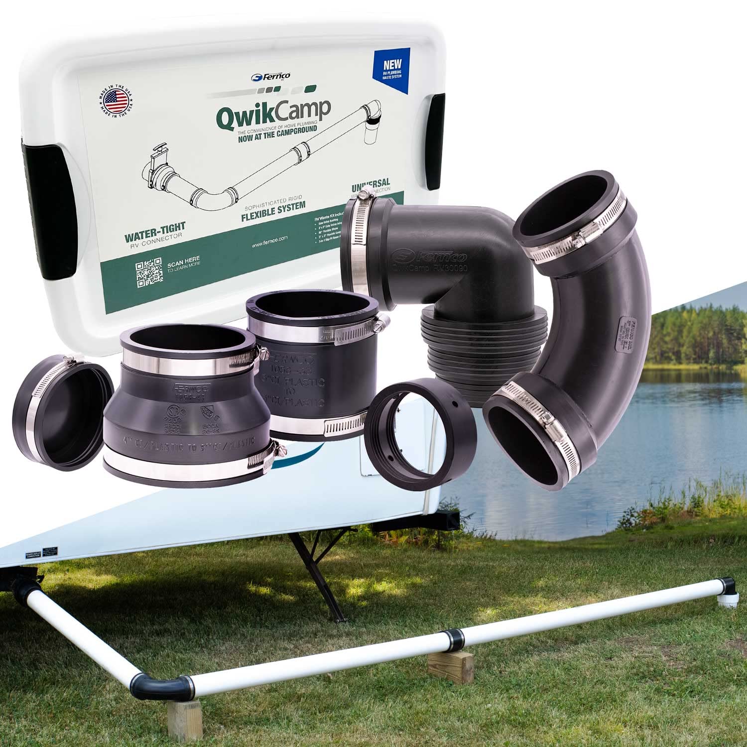 Fernco Qwikcamp Rv And Camper Sewer Waste Plumbing Connection System Kit With Slip Fit Coupling Adapter For 3-In. Pvc Pipe