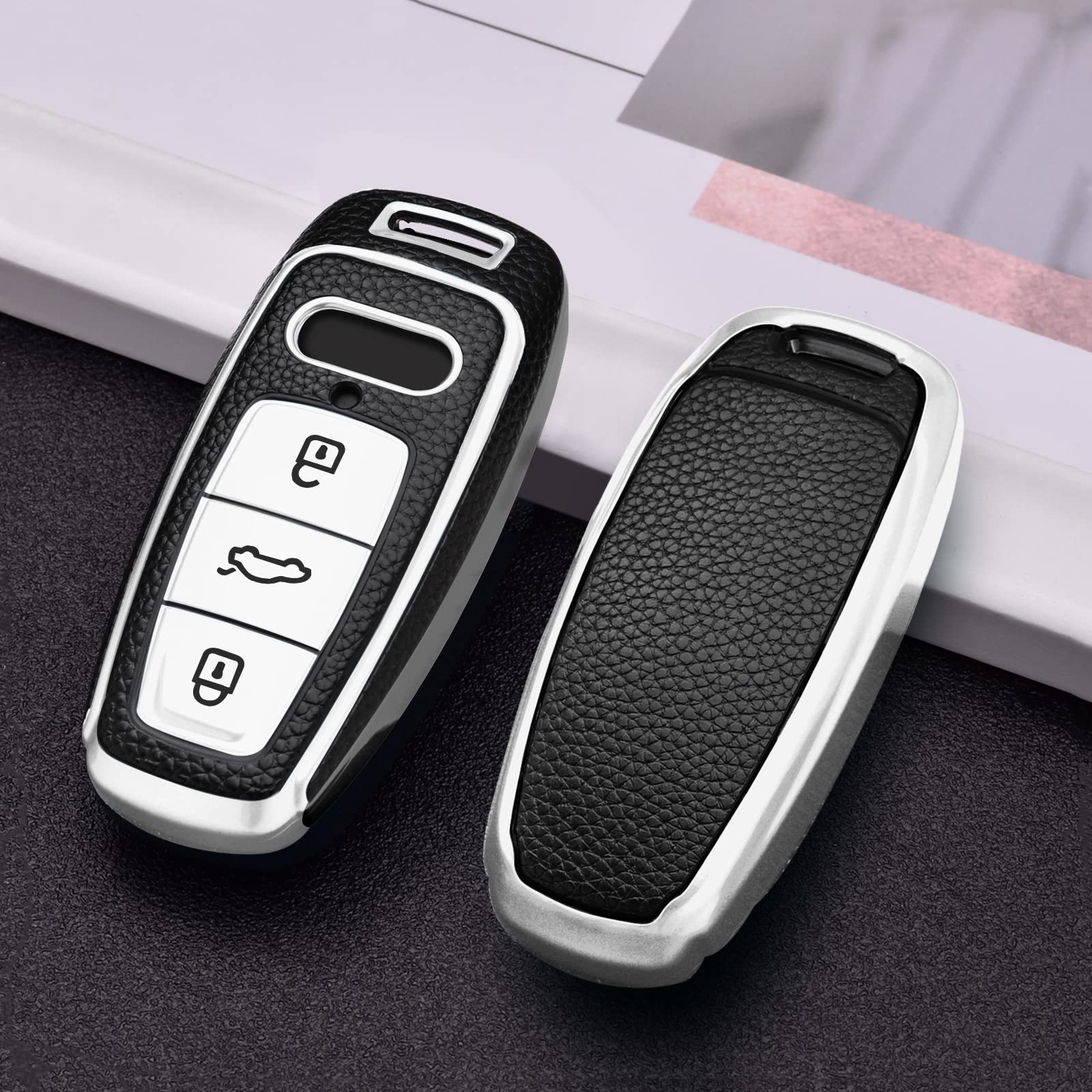 Elohei For Audi Key Fob Cover, Special Soft Tpu Key Case Cover Protector Compatible With Audi A6L A6 A7 A8 Q7 Q8 E-Tron 2018-2022 A3 S3 S6 Sq7 Rs6 S7 Rs7 Smart Key(Leather Texture Silver)