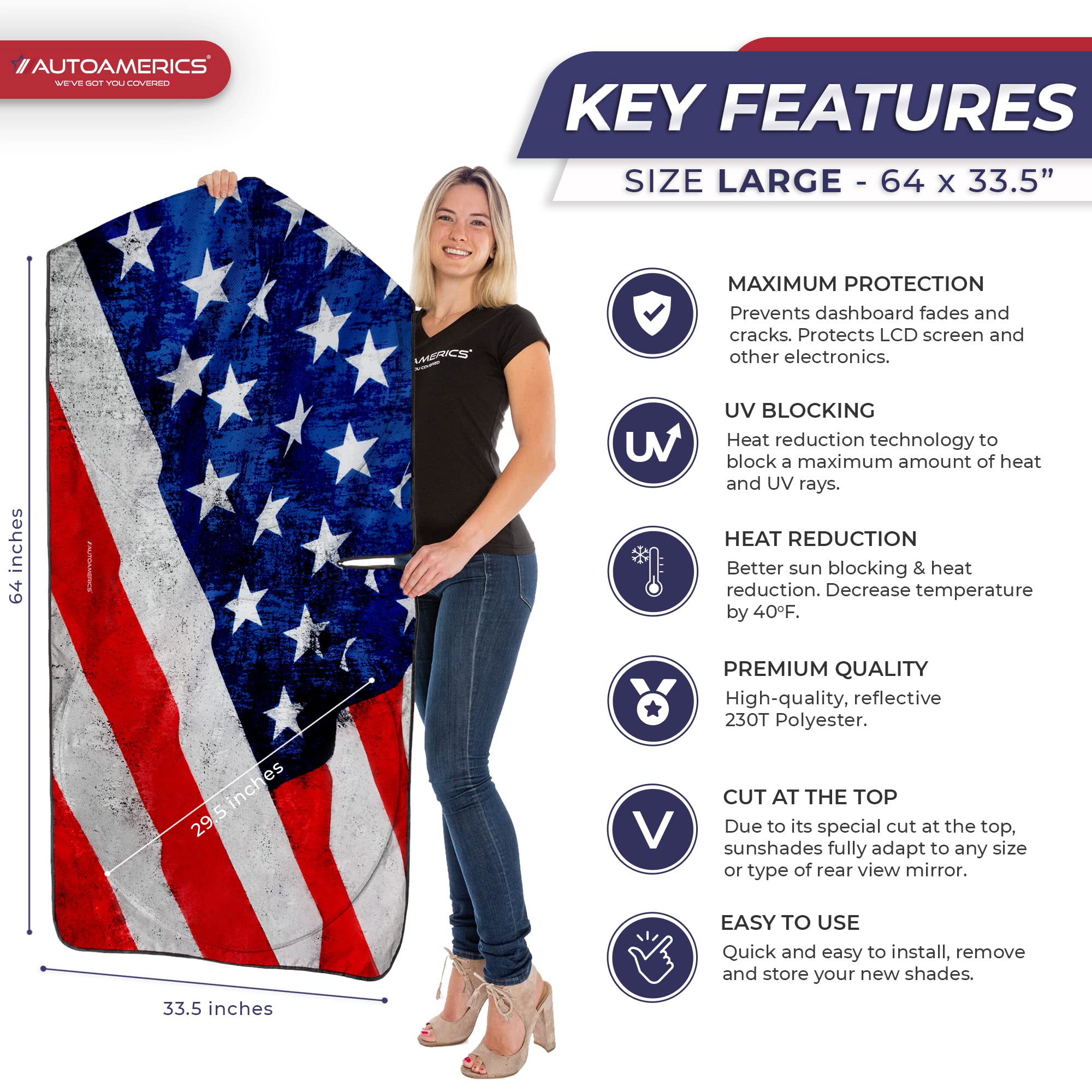 Autoamerics 1-Piece Windshield Sun Shade Grunge American Flag - 4 Usa Design - Foldable Car Front Window Sunshade For Most Sedan